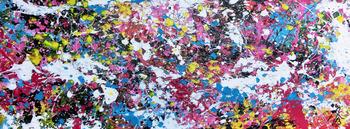 Abstraktes Actylbild Action Painting Flecken sehr bunt pink gelb weiß türkis scharz