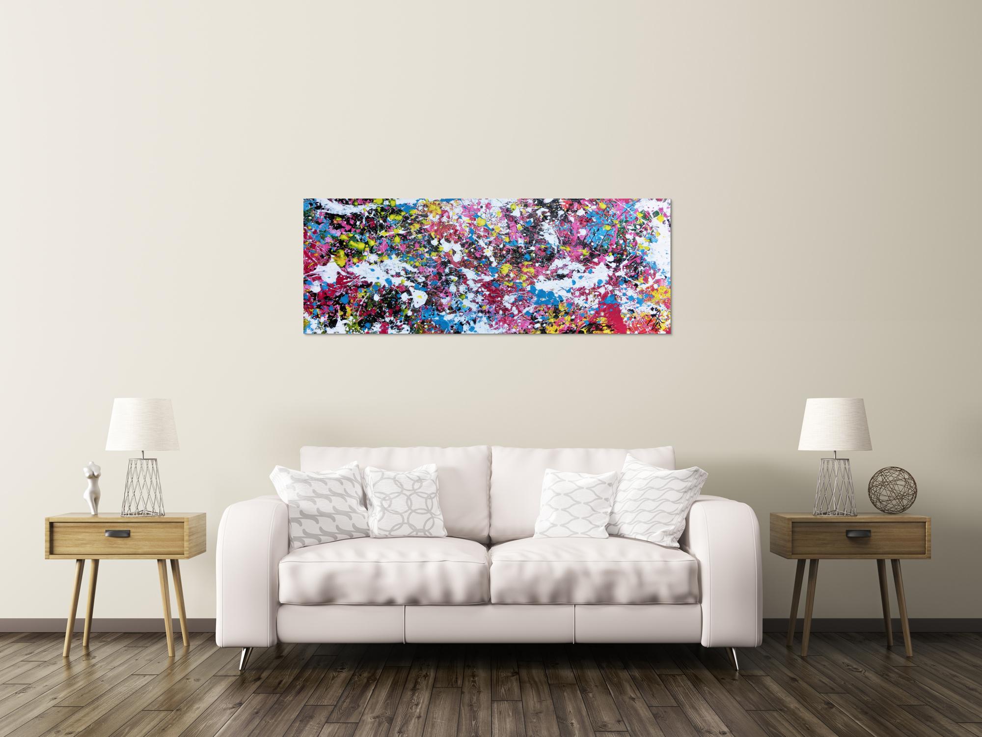 Abstraktes Actylbild Action Painting Flecken sehr bunt pink gelb weiß türkis scharz