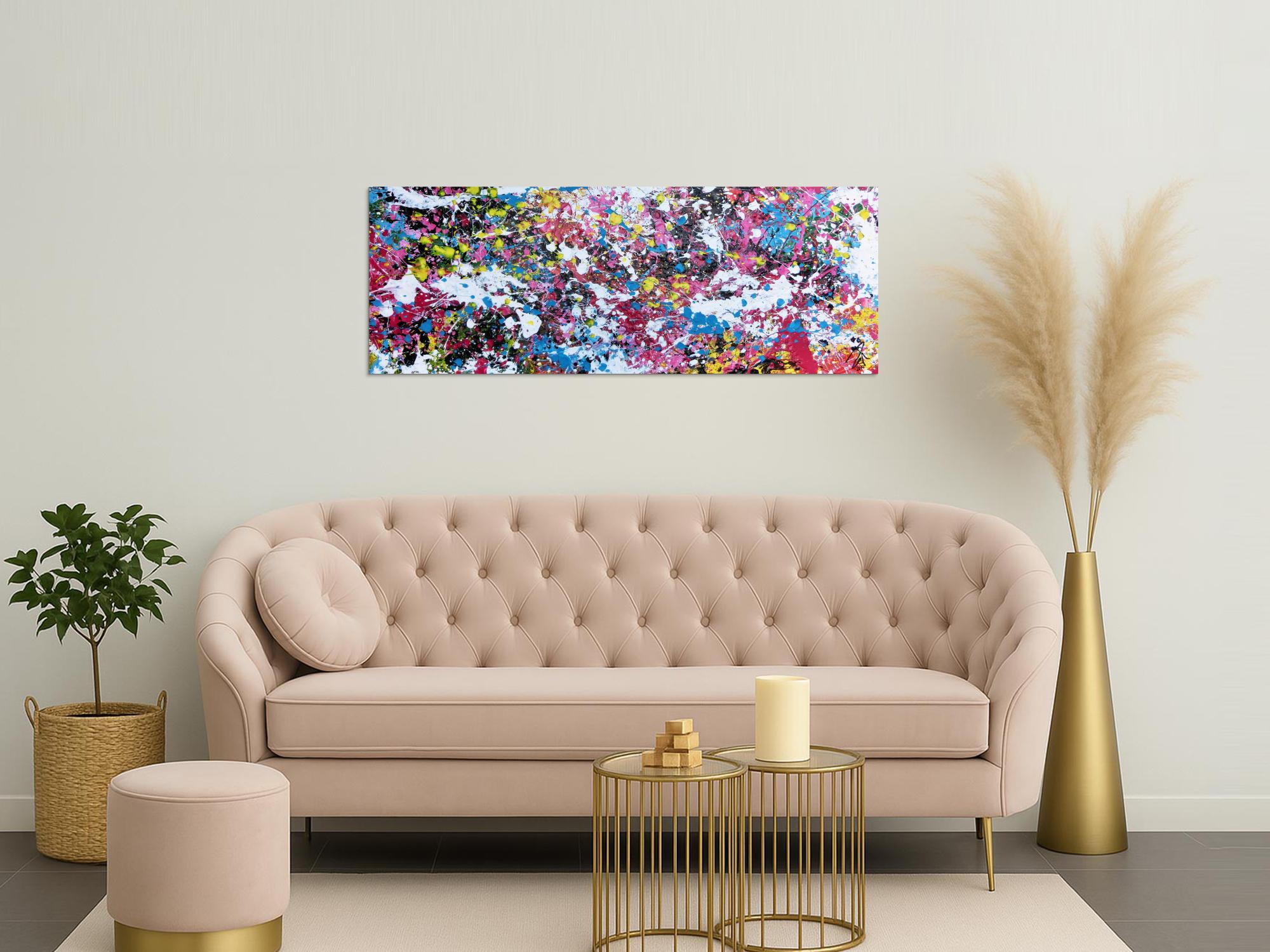 Abstraktes Actylbild Action Painting Flecken sehr bunt pink gelb weiß türkis scharz