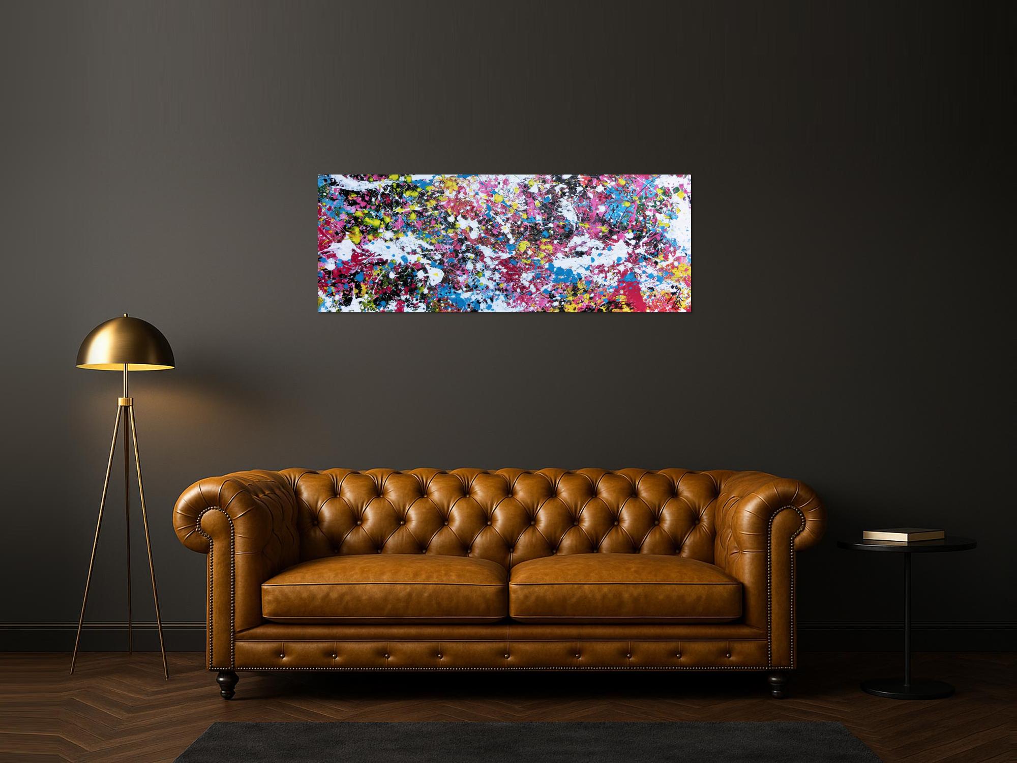 Abstraktes Actylbild Action Painting Flecken sehr bunt pink gelb weiß türkis scharz