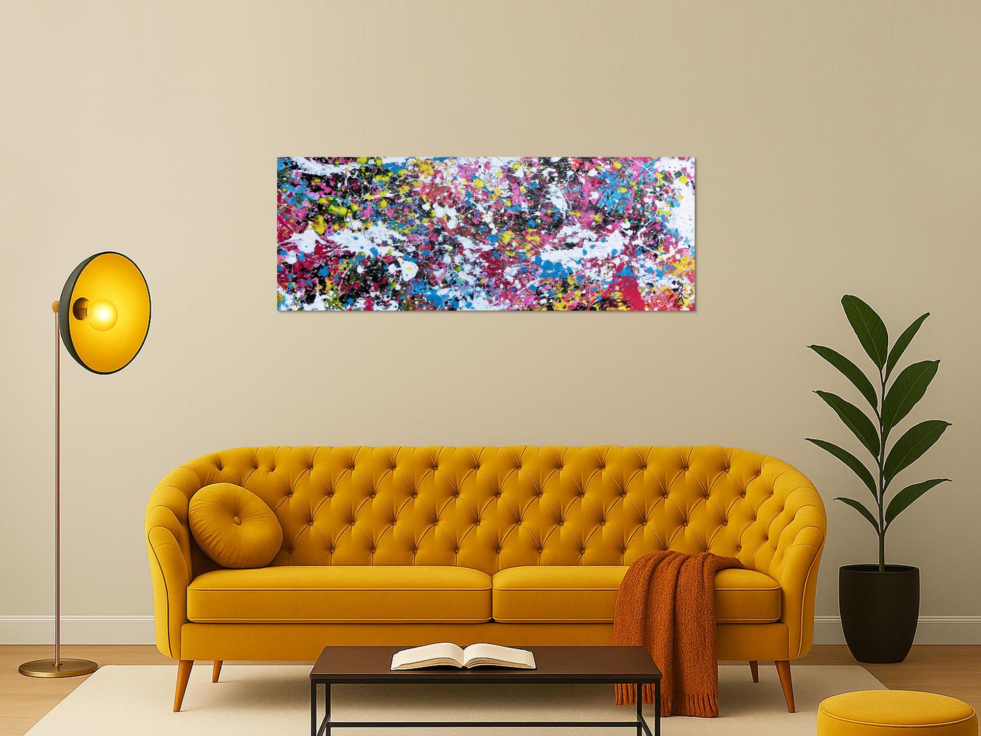 Abstraktes Actylbild Action Painting Flecken sehr bunt pink gelb weiß türkis scharz