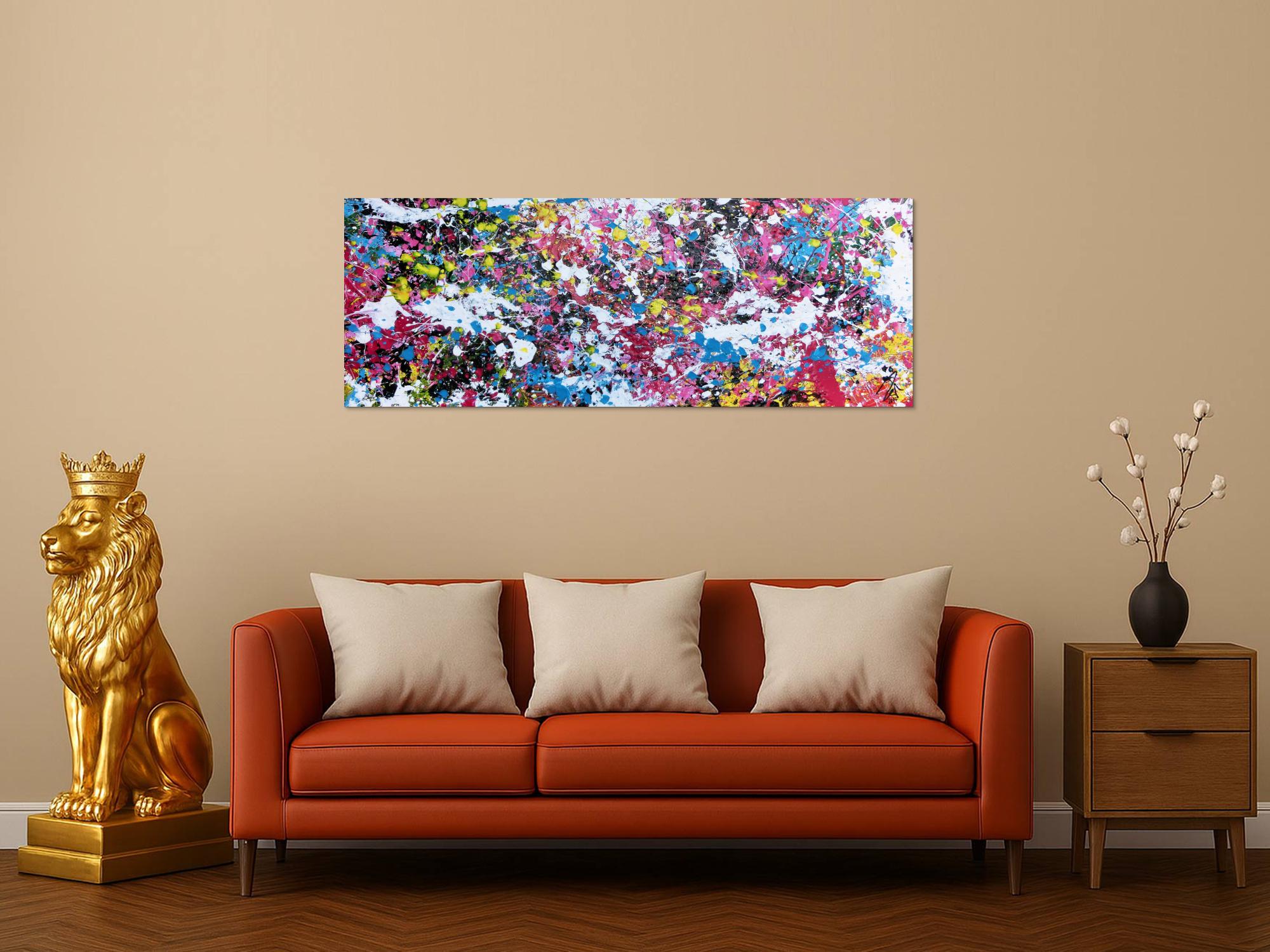 Abstraktes Actylbild Action Painting Flecken sehr bunt pink gelb weiß türkis scharz