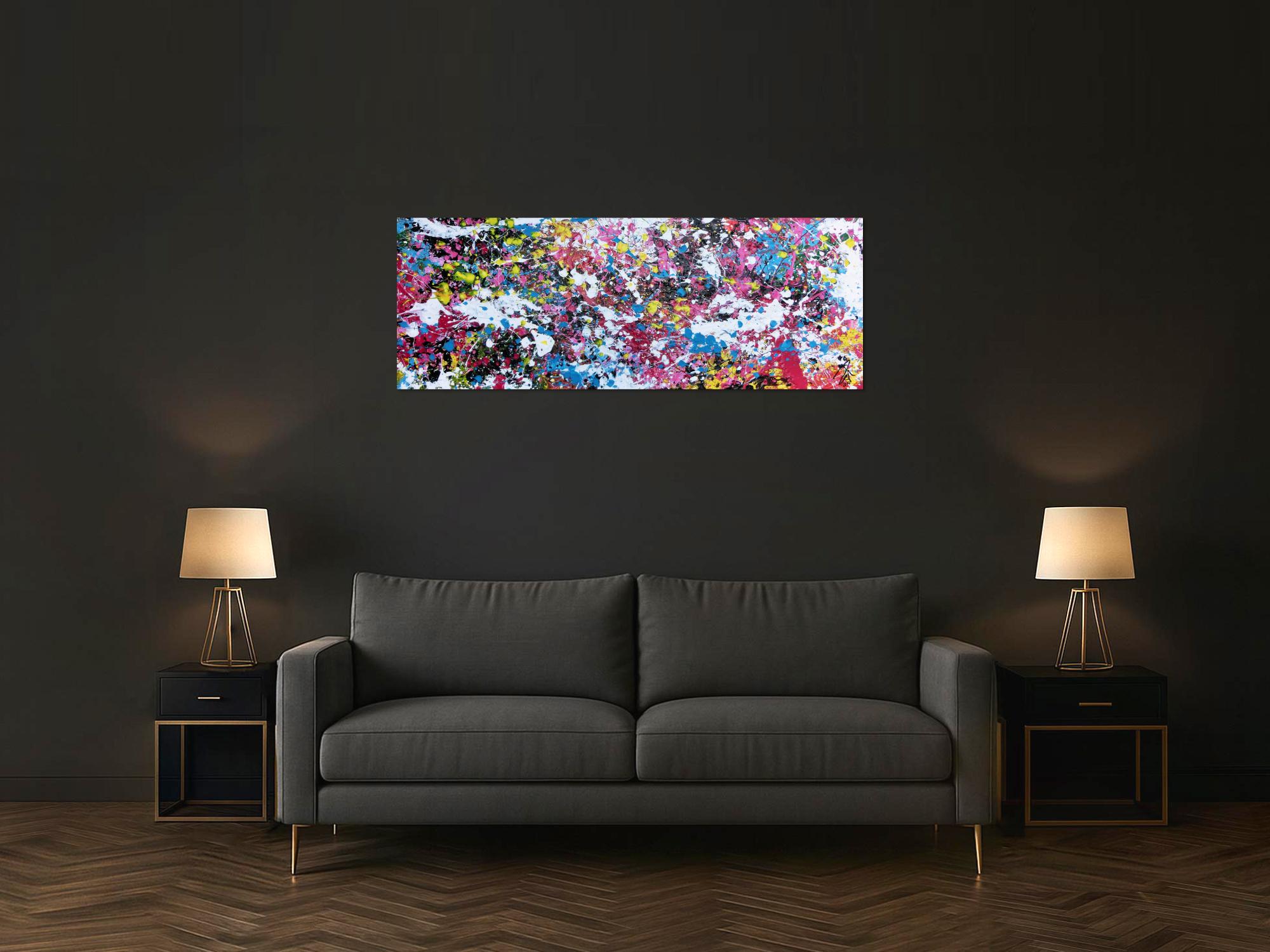 Abstraktes Actylbild Action Painting Flecken sehr bunt pink gelb weiß türkis scharz