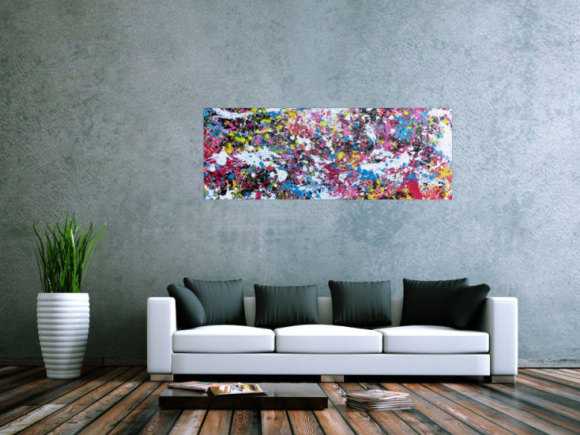 Abstraktes Actylbild Action Painting Flecken sehr bunt pink gelb weiß türkis scharz
