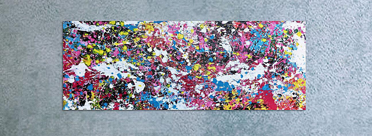 Abstraktes Actylbild Action Painting Flecken sehr bunt pink gelb weiß türkis scharz