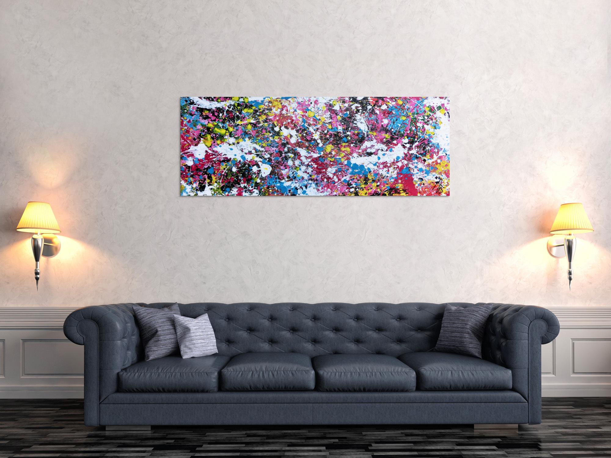 Abstraktes Actylbild Action Painting Flecken sehr bunt pink gelb weiß türkis scharz