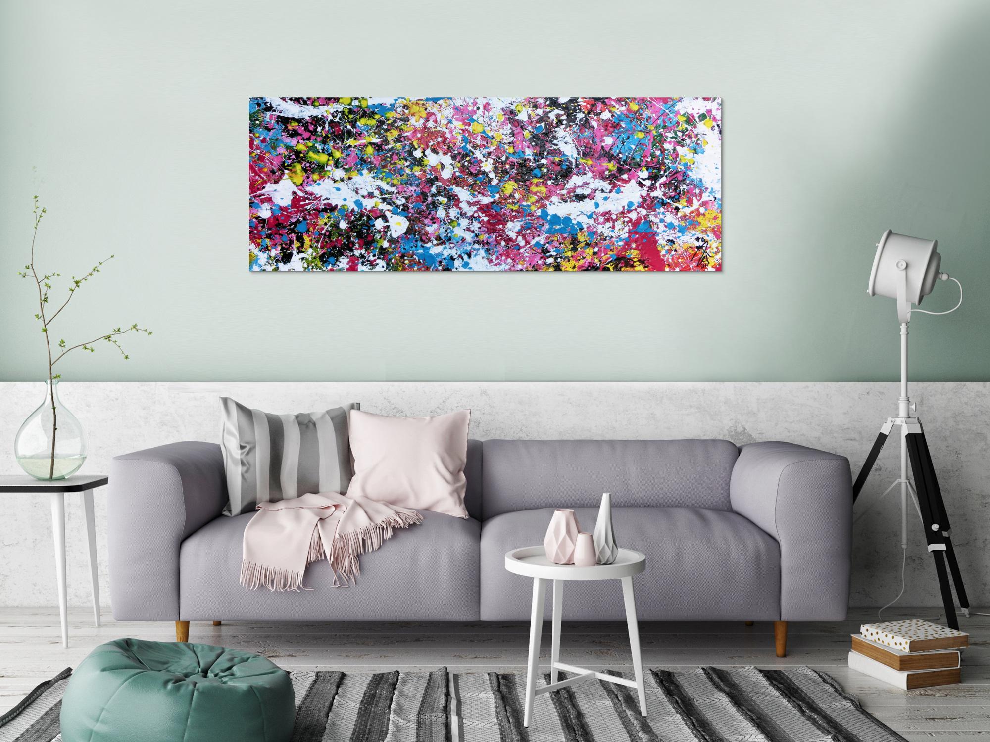 Abstraktes Actylbild Action Painting Flecken sehr bunt pink gelb weiß türkis scharz