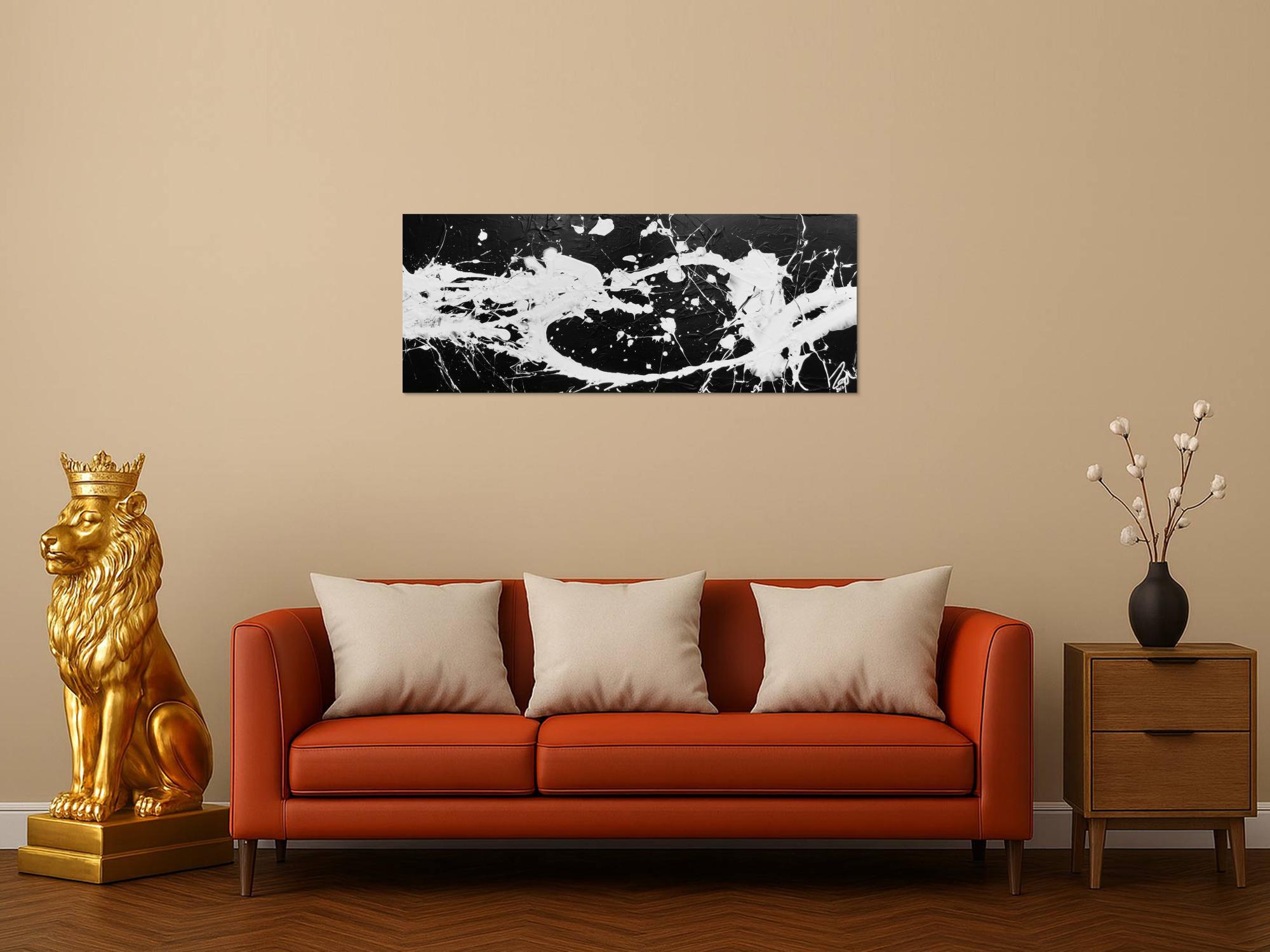 Abstraktes Acrylbild Action Painting schwarz weiß modernes Gemälde Fleck