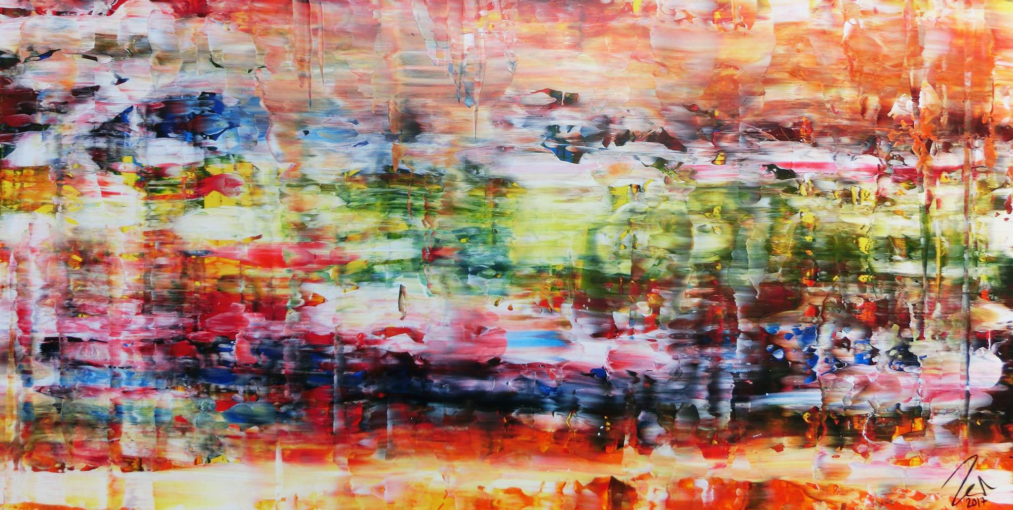 Abstraktes Gemälde Spachteltechnik sehr bunt modern helle bunte Farben