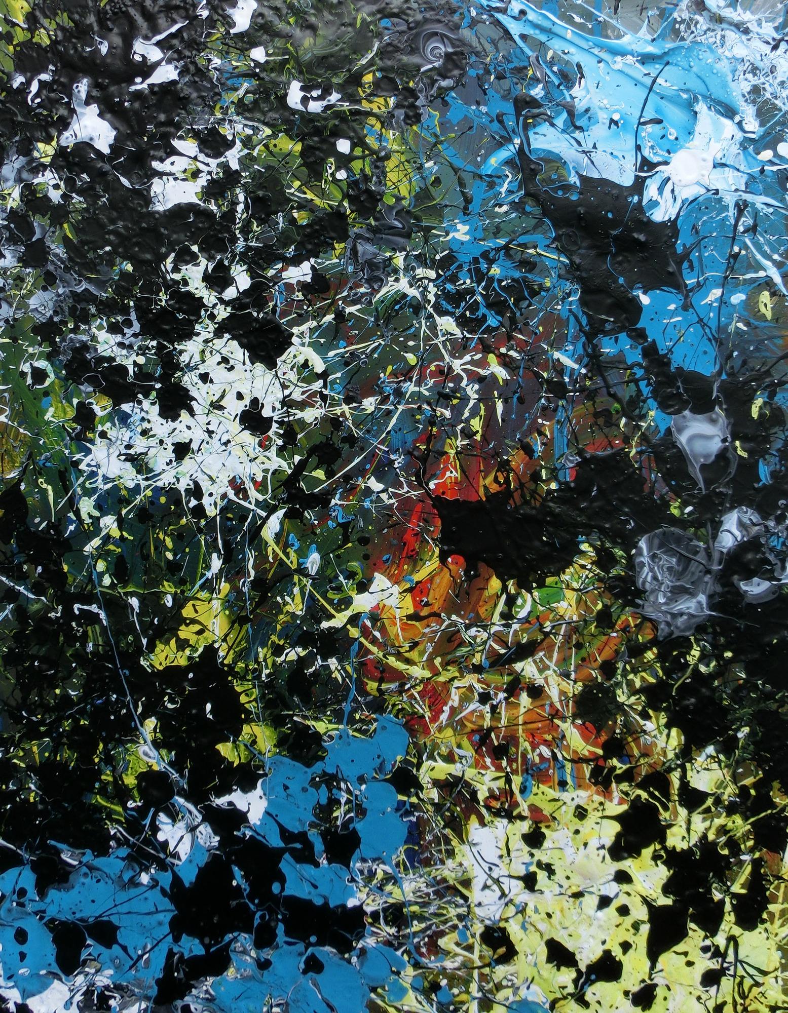 Abstraktes Acrylbild Action Paiting Flecken bunt schwarz blau weiß