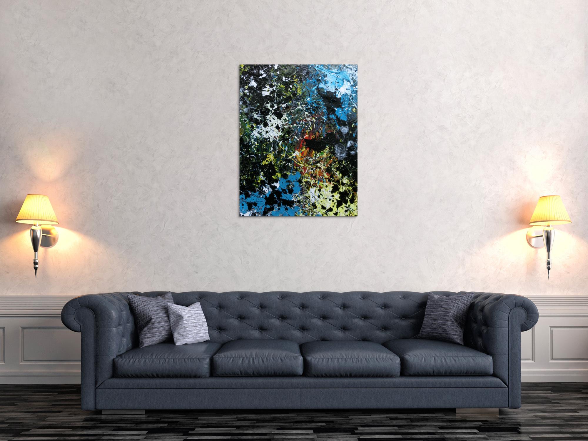 Abstraktes Acrylbild Action Paiting Flecken bunt schwarz blau weiß