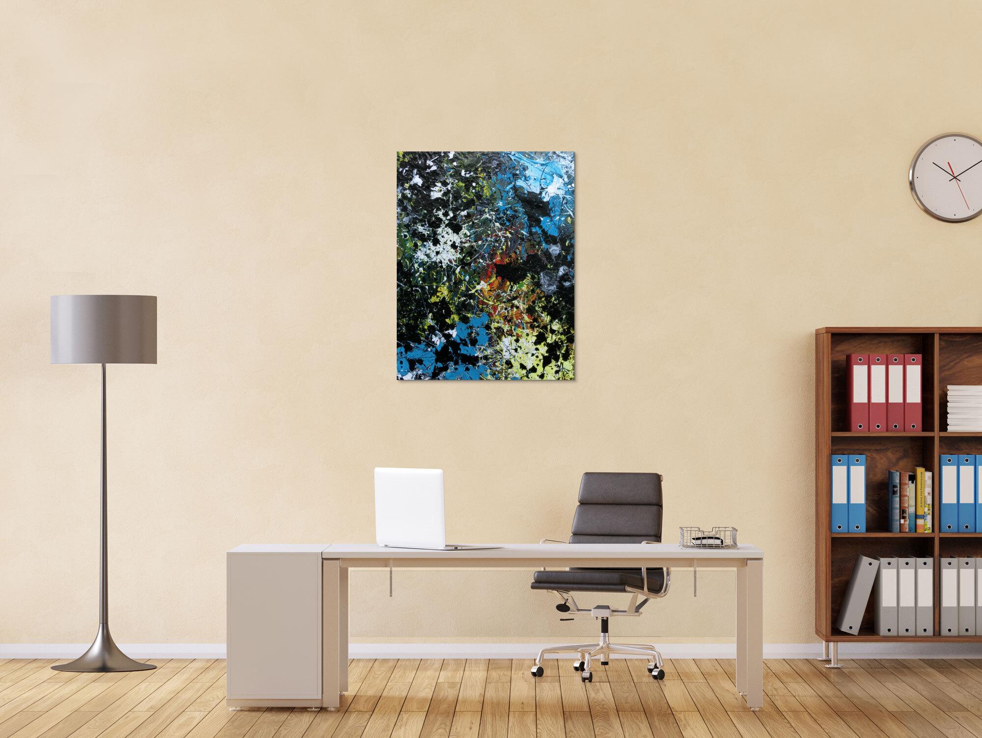 Abstraktes Acrylbild Action Paiting Flecken bunt schwarz blau weiß