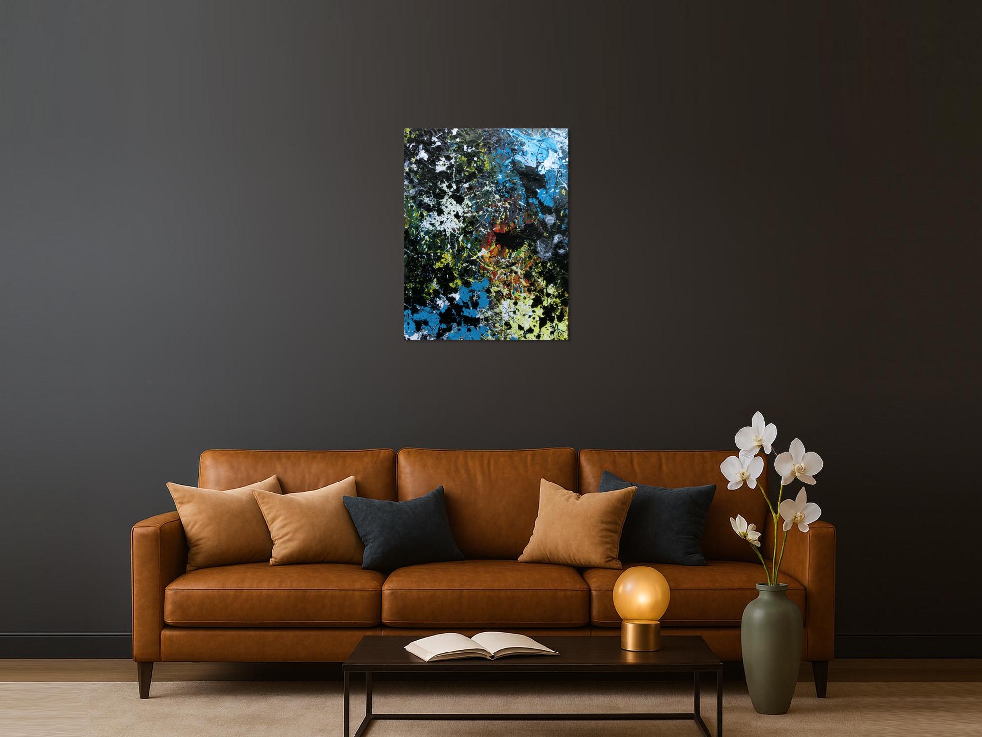 Abstraktes Acrylbild Action Paiting Flecken bunt schwarz blau weiß