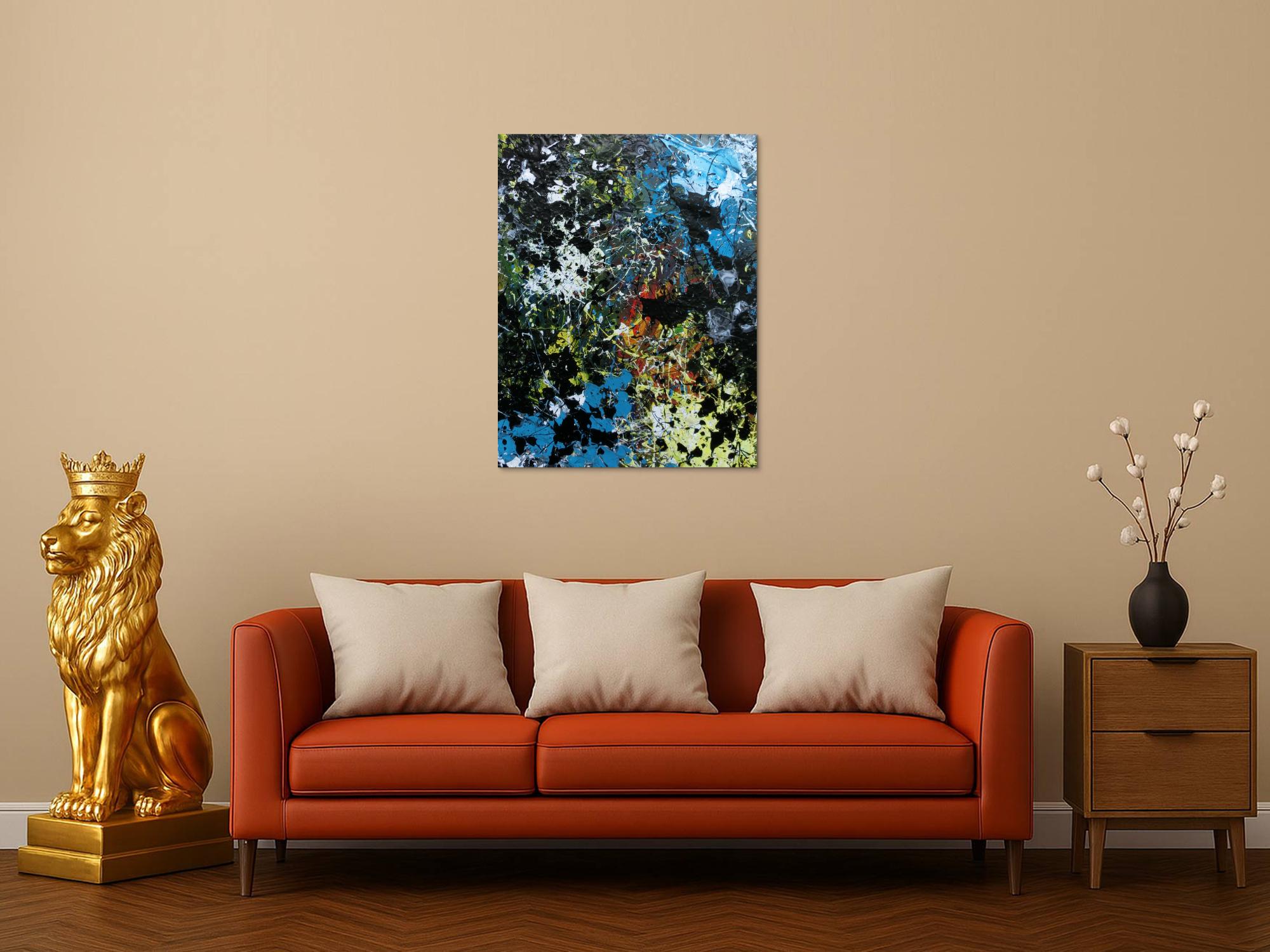 Abstraktes Acrylbild Action Paiting Flecken bunt schwarz blau weiß