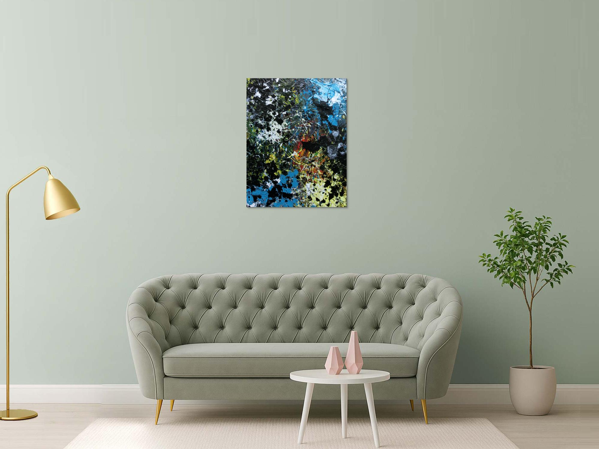 Abstraktes Acrylbild Action Paiting Flecken bunt schwarz blau weiß