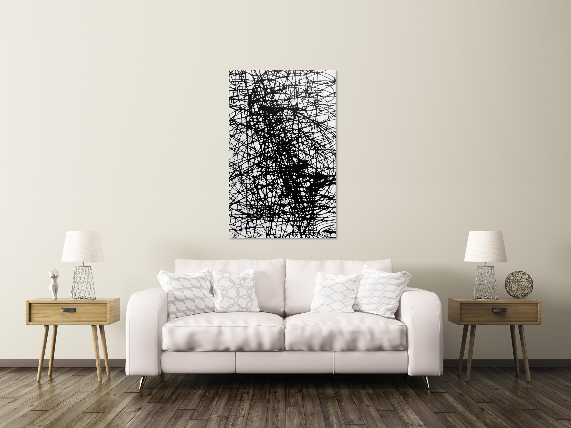 Abstraktes Acrylbild schwarz weiß minmalistisch schwarze Streifen sehr modern