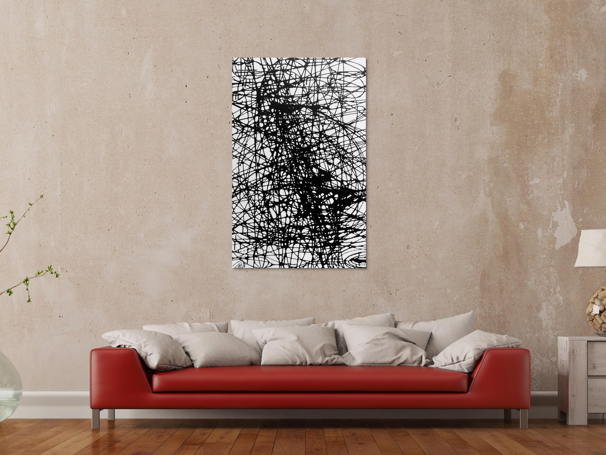 Abstraktes Acrylbild schwarz weiß minmalistisch schwarze Streifen sehr modern