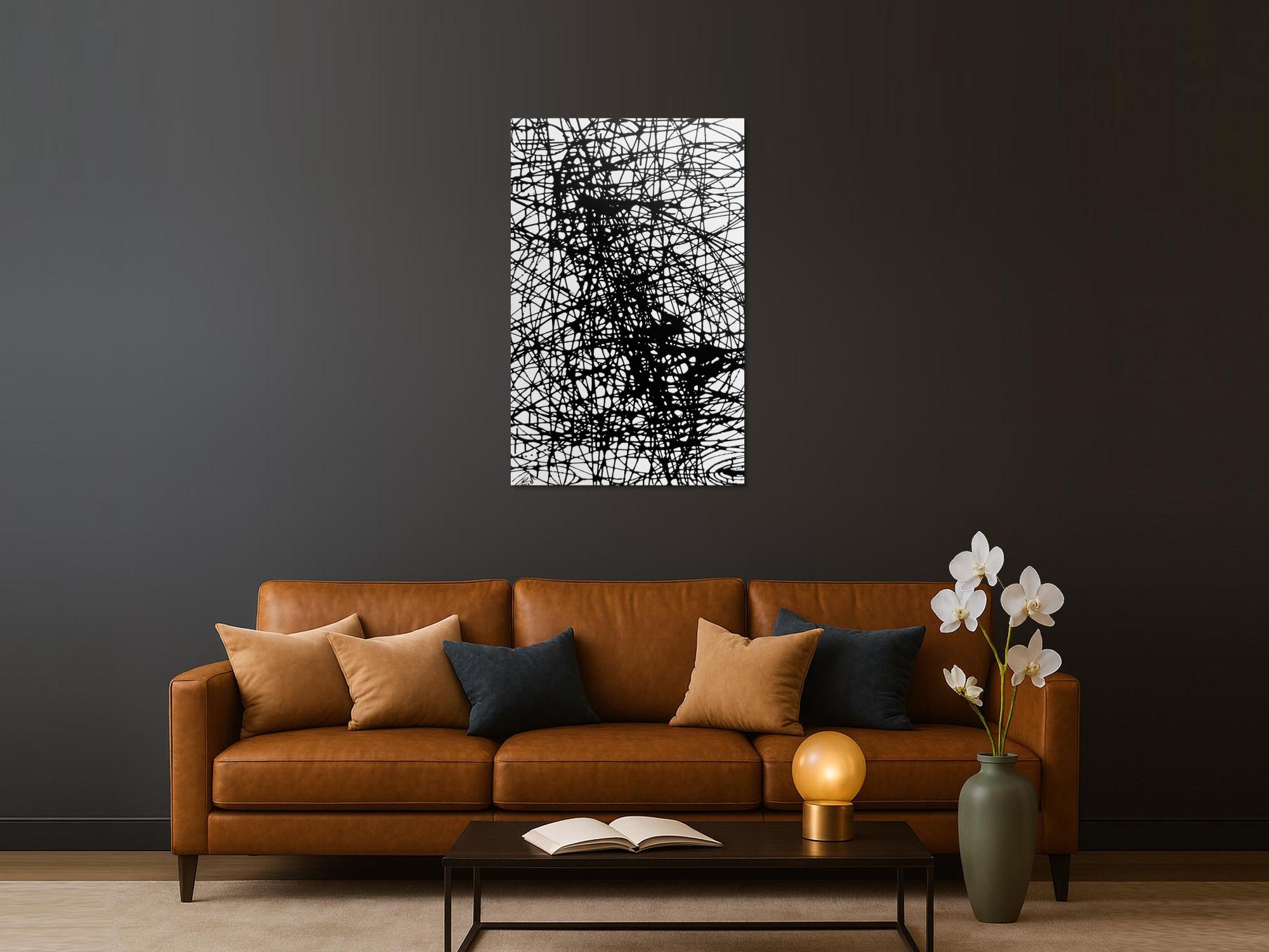 Abstraktes Acrylbild schwarz weiß minmalistisch schwarze Streifen sehr modern