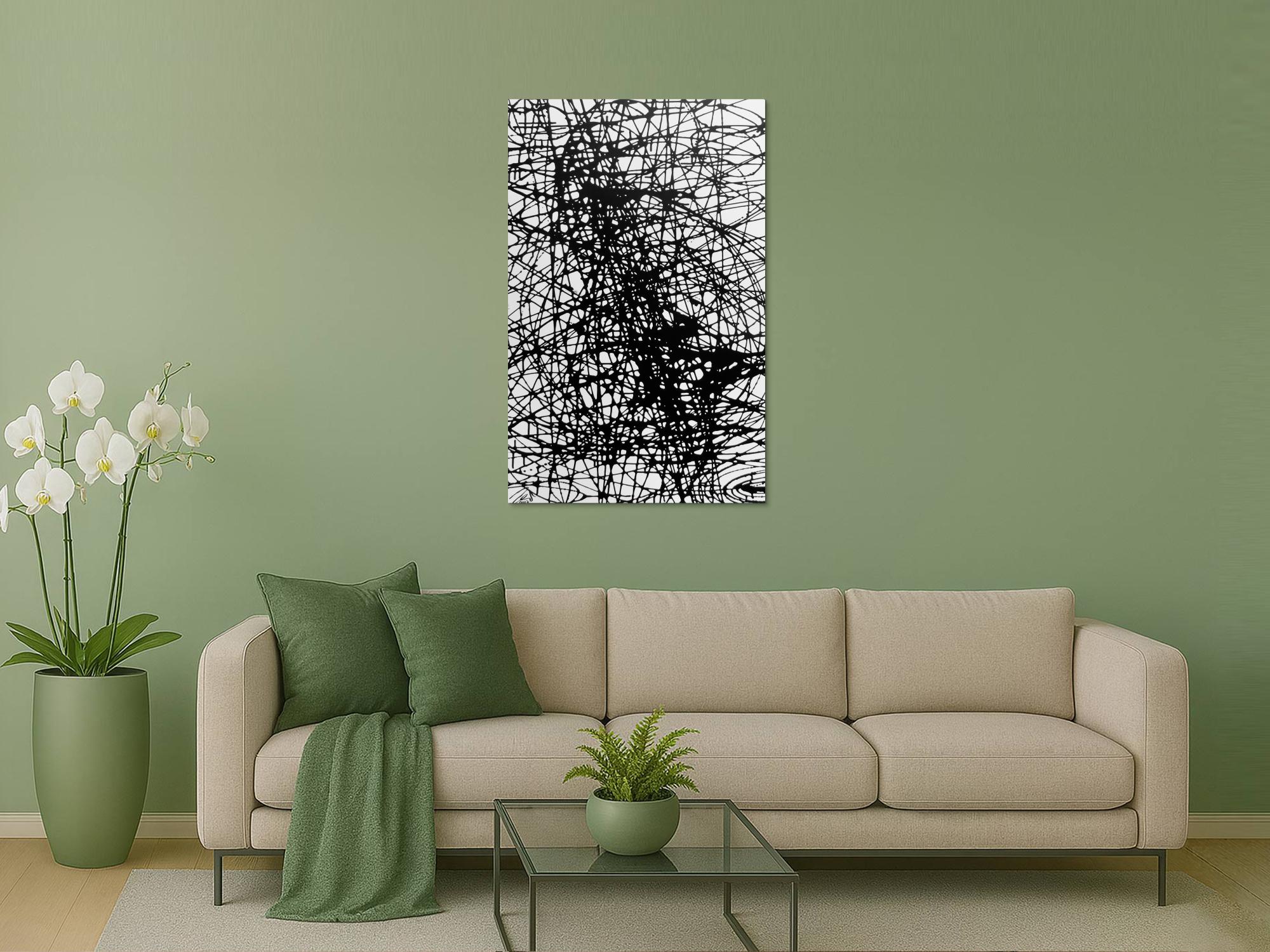 Abstraktes Acrylbild schwarz weiß minmalistisch schwarze Streifen sehr modern