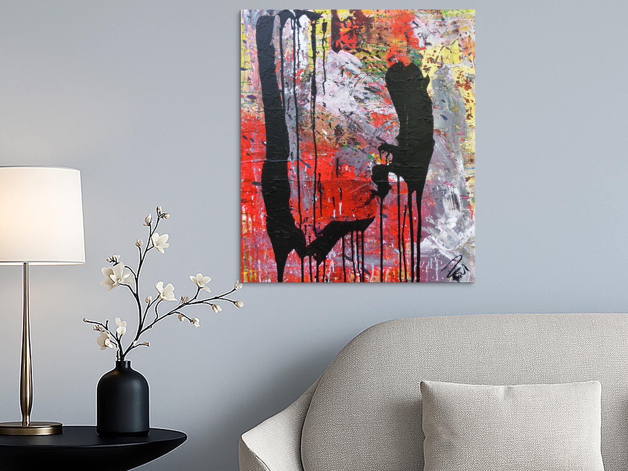 Abstraktes Acrylbild sehr modernes Gemälde rot grau schwarz