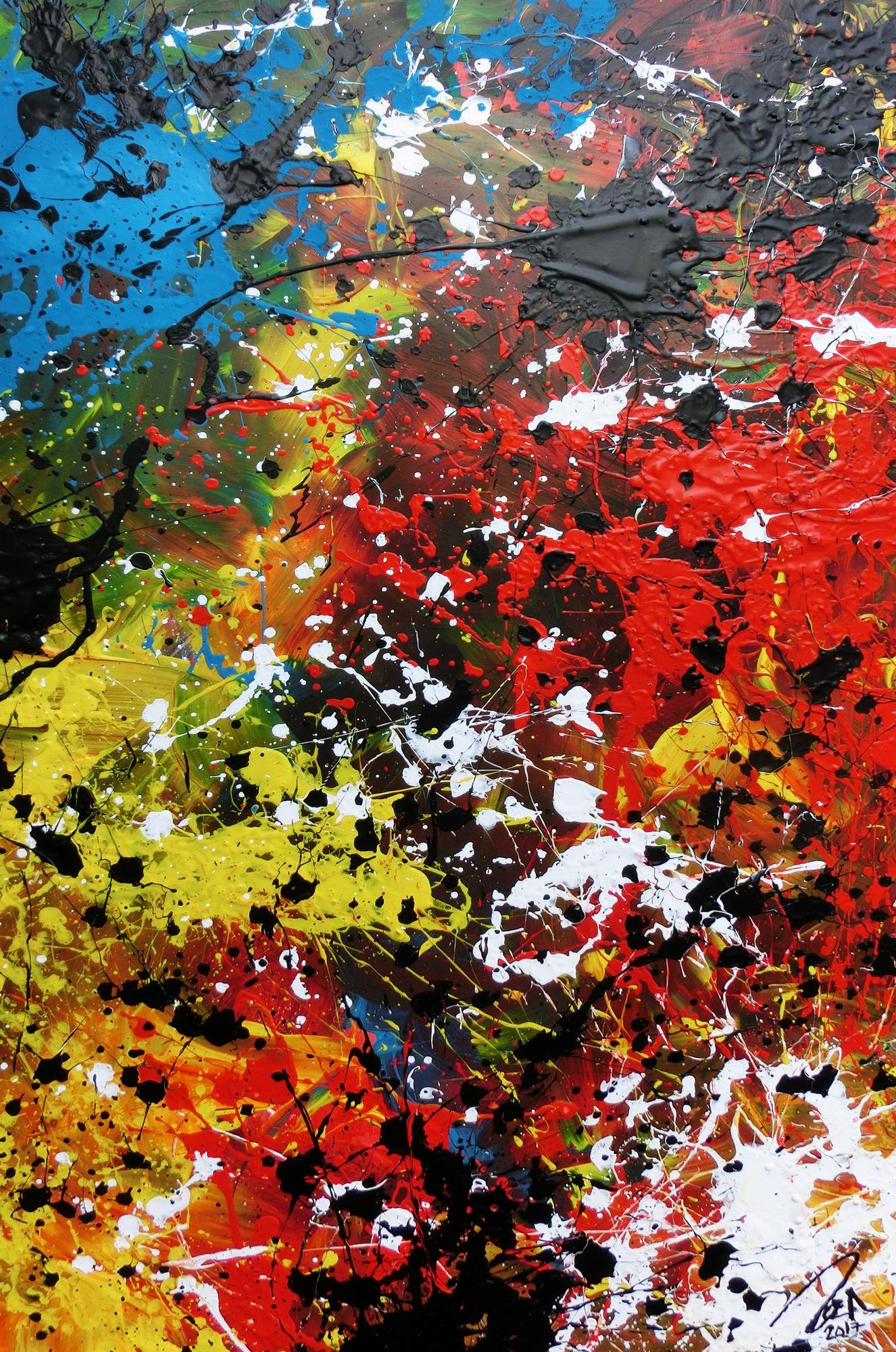 Abstraktes Acrylbild sehr modern und bunt viele Farben Action Painting Flecken