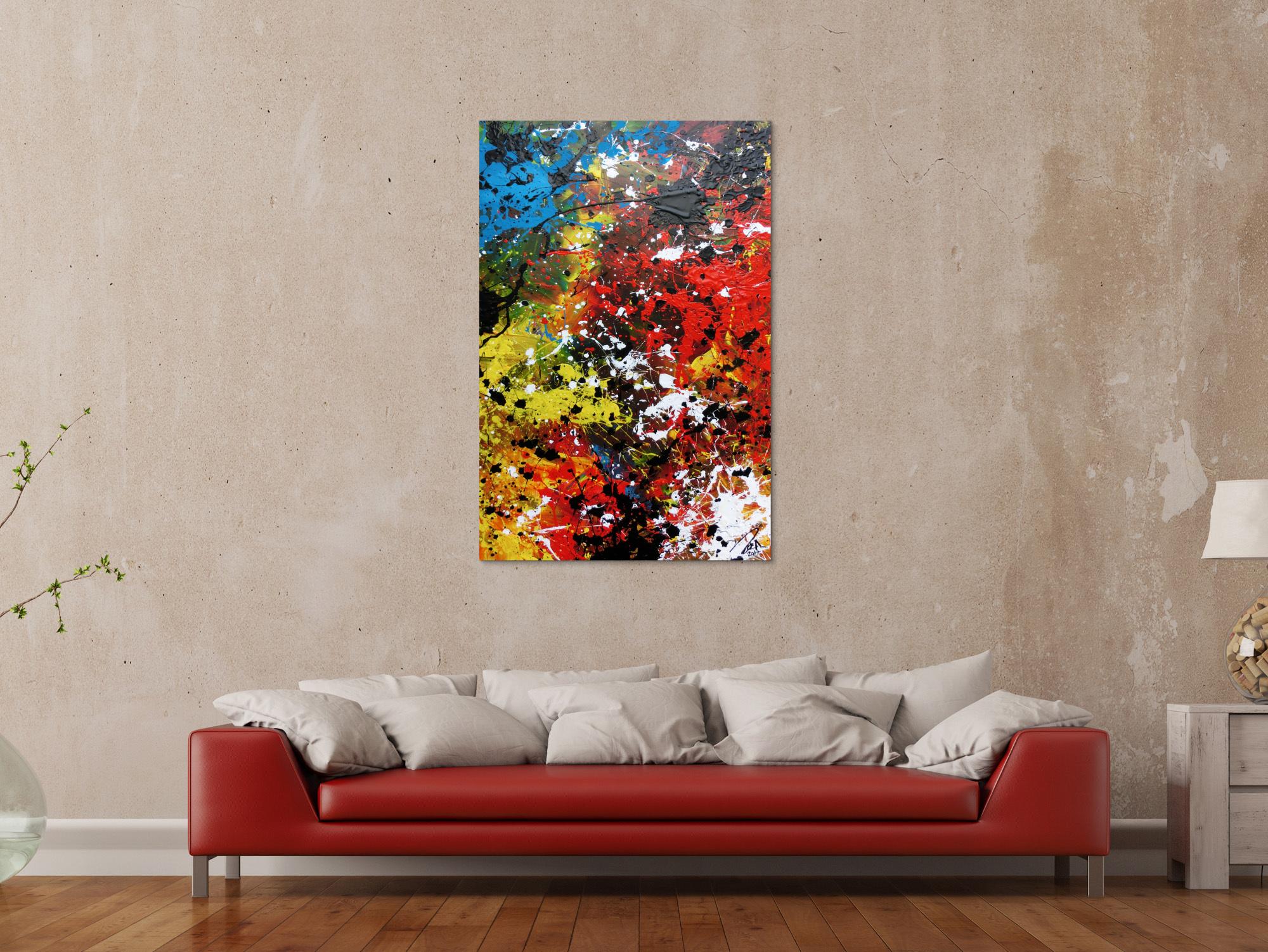 Abstraktes Acrylbild sehr modern und bunt viele Farben Action Painting Flecken