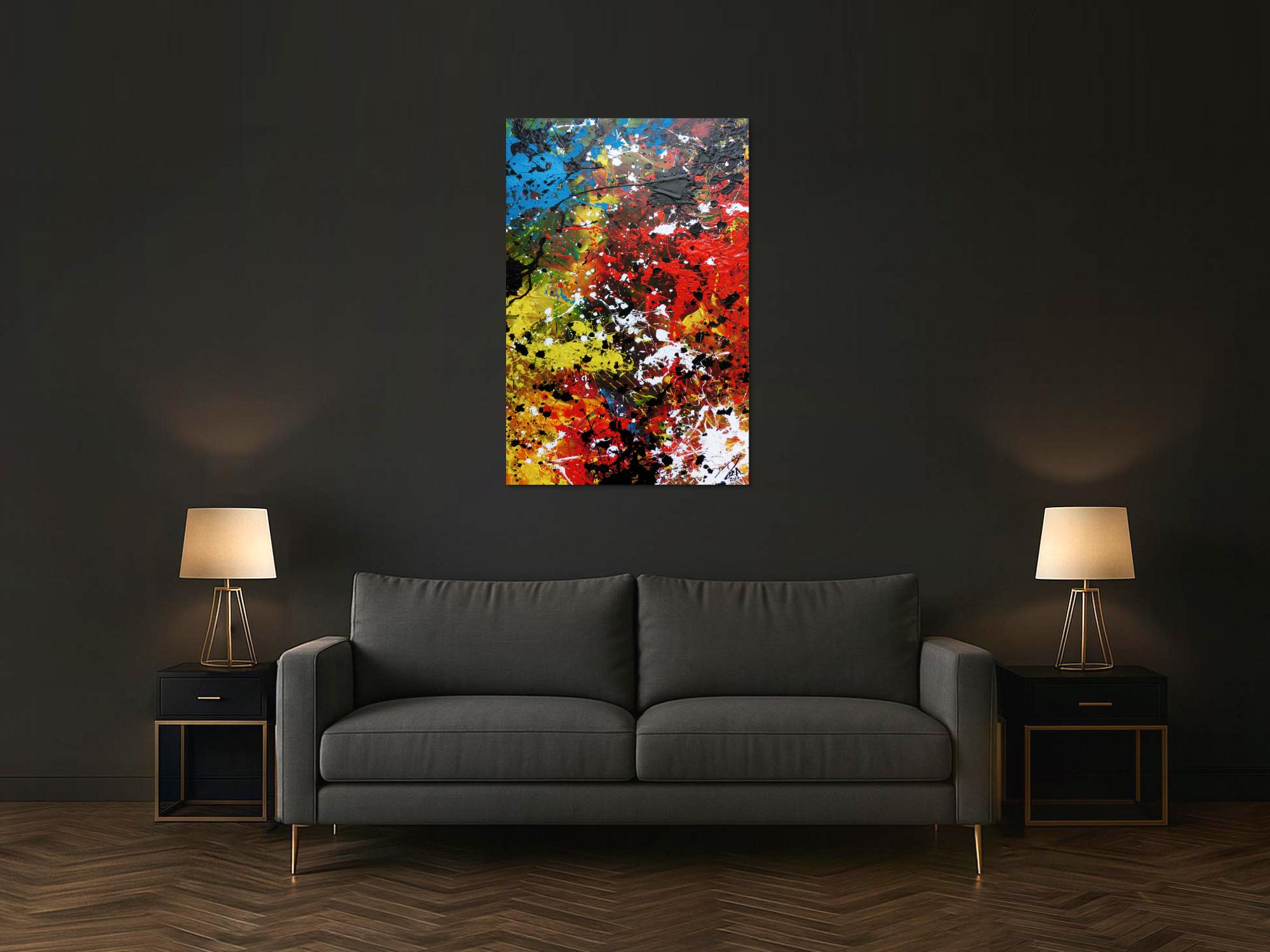 Abstraktes Acrylbild sehr modern und bunt viele Farben Action Painting Flecken