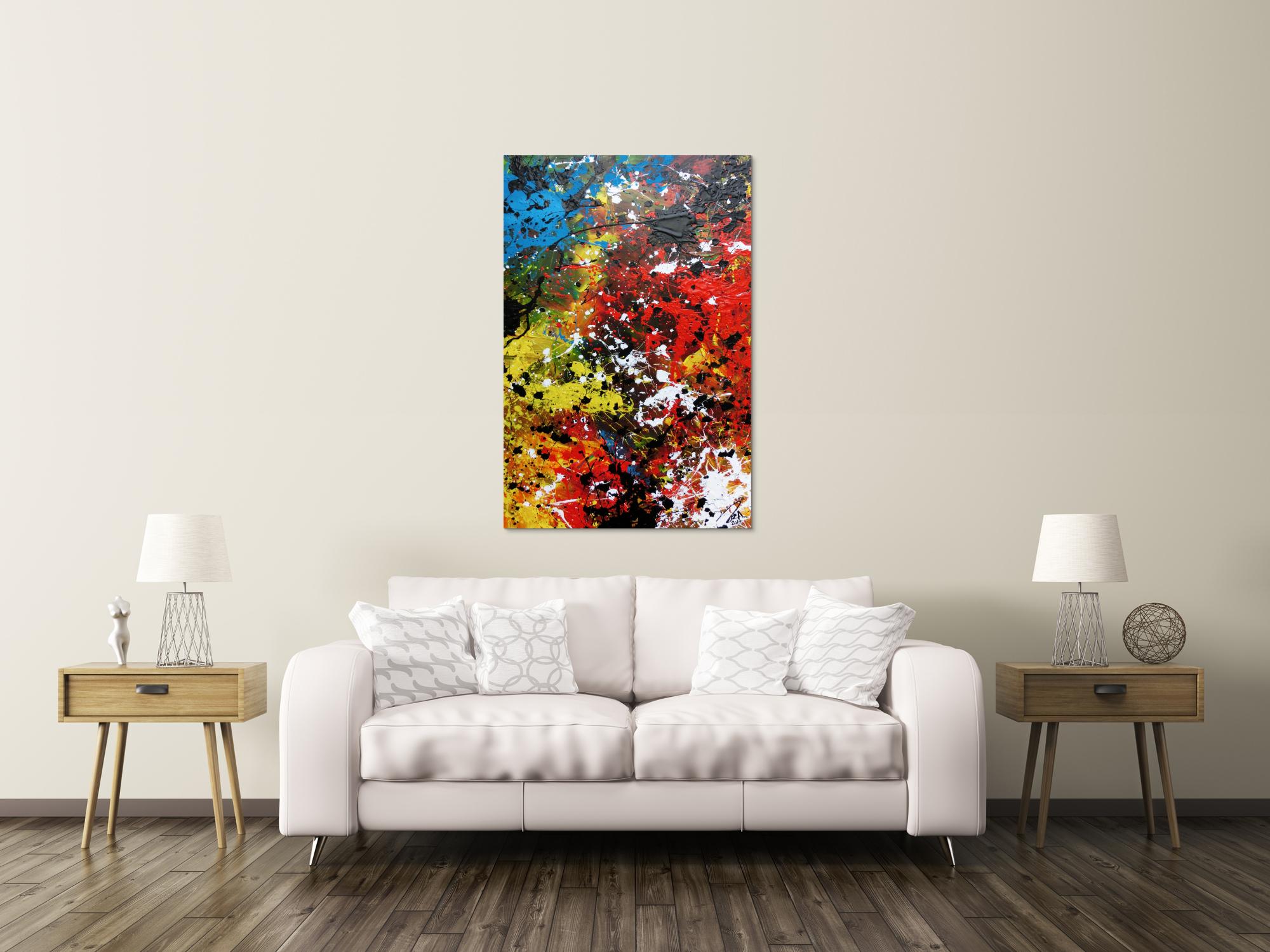 Abstraktes Acrylbild sehr modern und bunt viele Farben Action Painting Flecken