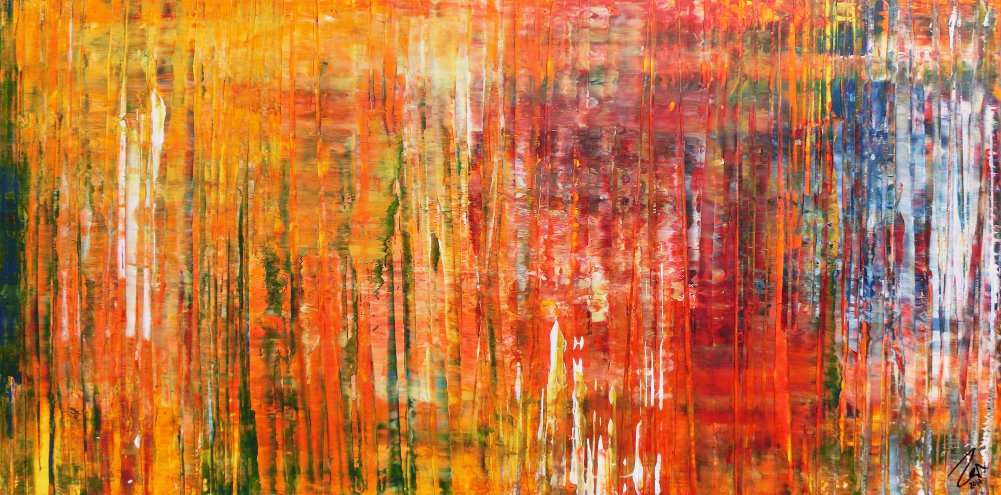 Abstraktes Acrylbild in Spachteltechnik modernes Motiv in Gelb orange rot und bunt