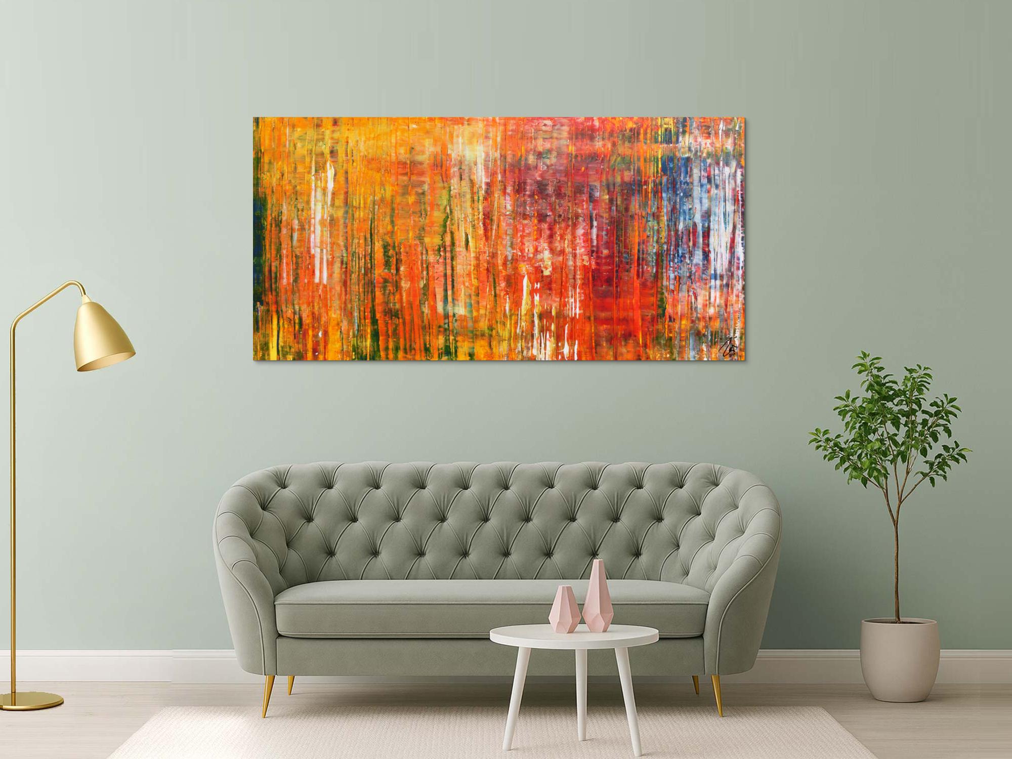 Abstraktes Acrylbild in Spachteltechnik modernes Motiv in Gelb orange rot und bunt