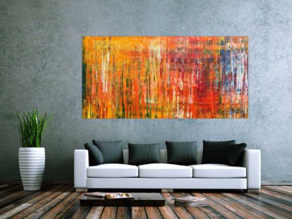 Abstraktes Acrylbild in Spachteltechnik modernes Motiv in Gelb orange rot und bunt