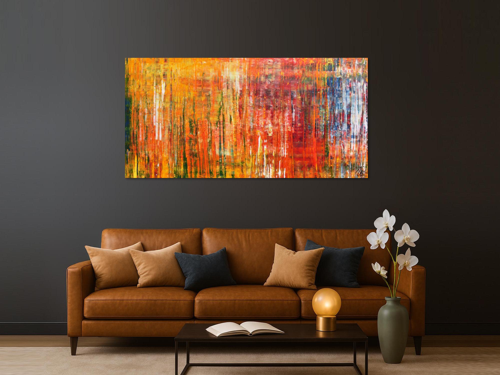 Abstraktes Acrylbild in Spachteltechnik modernes Motiv in Gelb orange rot und bunt