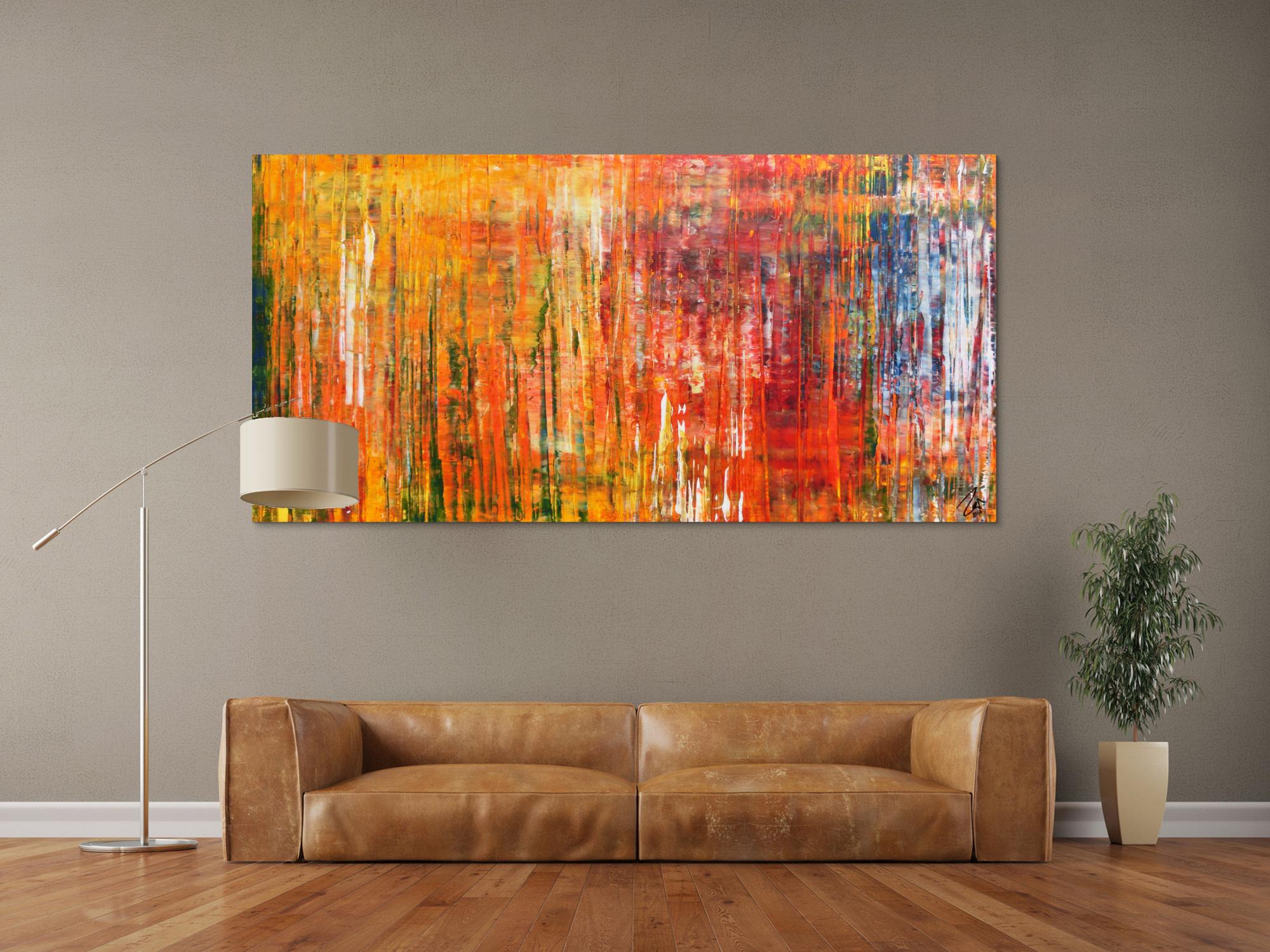 Abstraktes Acrylbild in Spachteltechnik modernes Motiv in Gelb orange rot und bunt