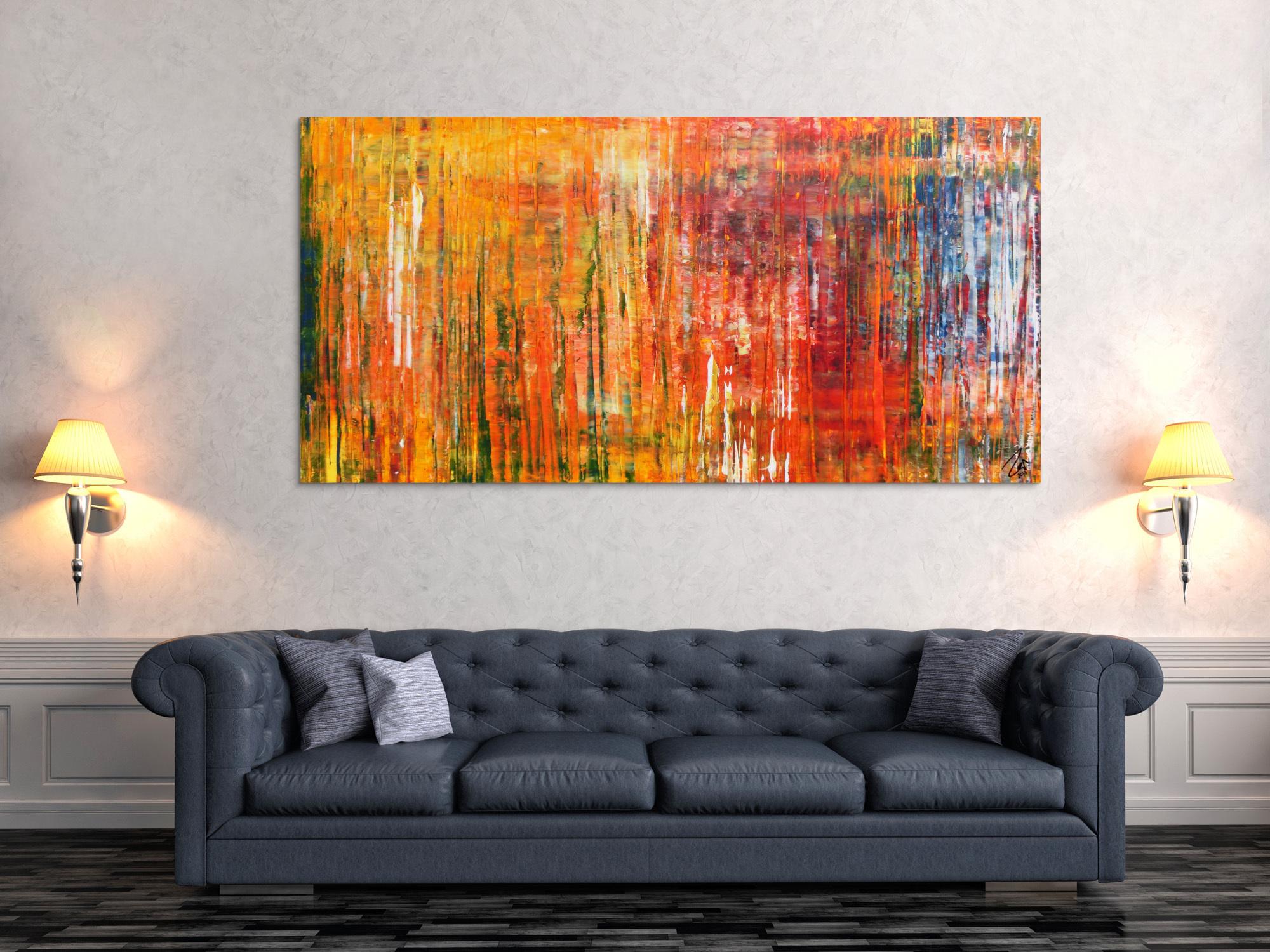 Abstraktes Acrylbild in Spachteltechnik modernes Motiv in Gelb orange rot und bunt