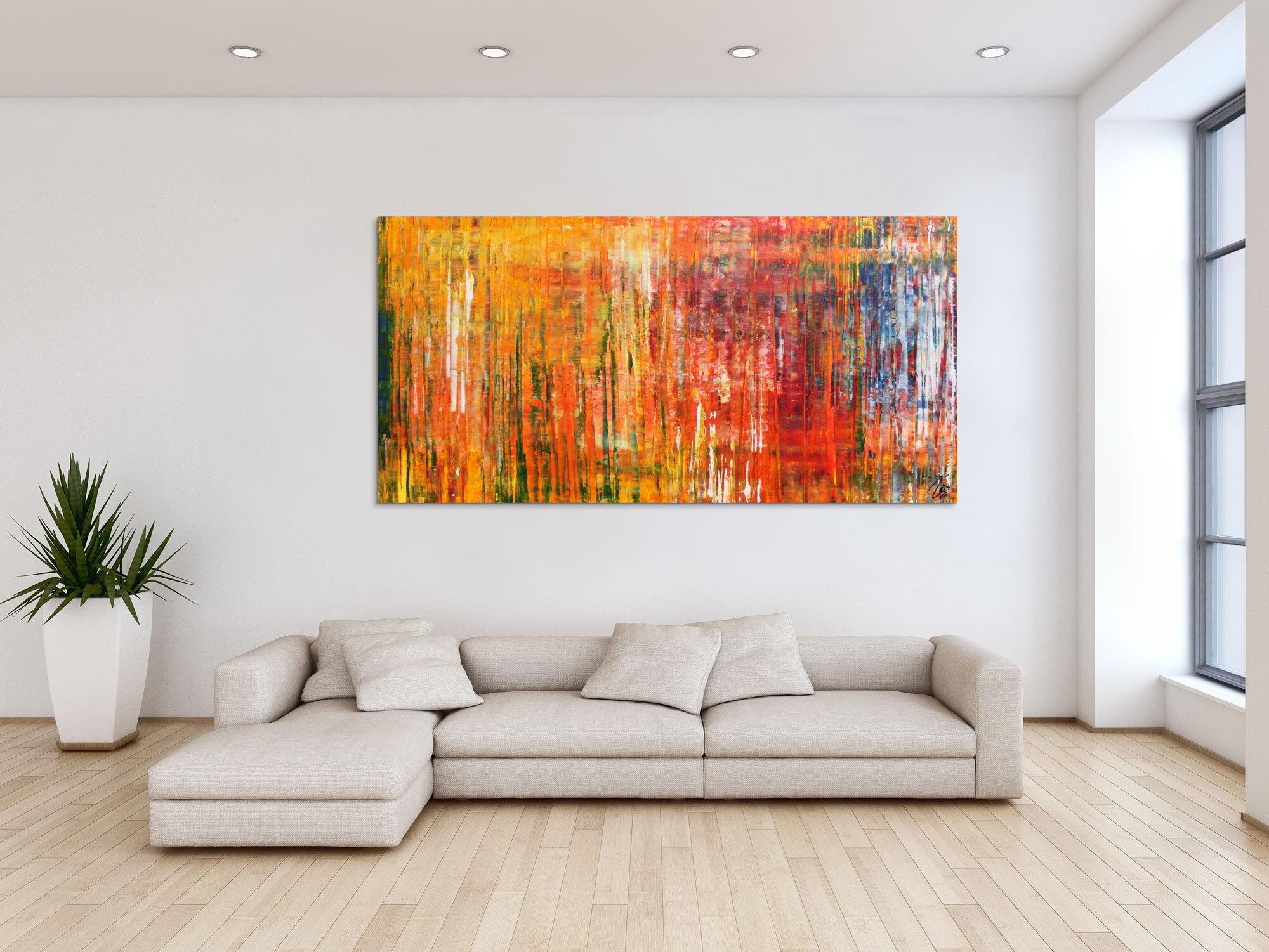 Abstraktes Acrylbild in Spachteltechnik modernes Motiv in Gelb orange rot und bunt