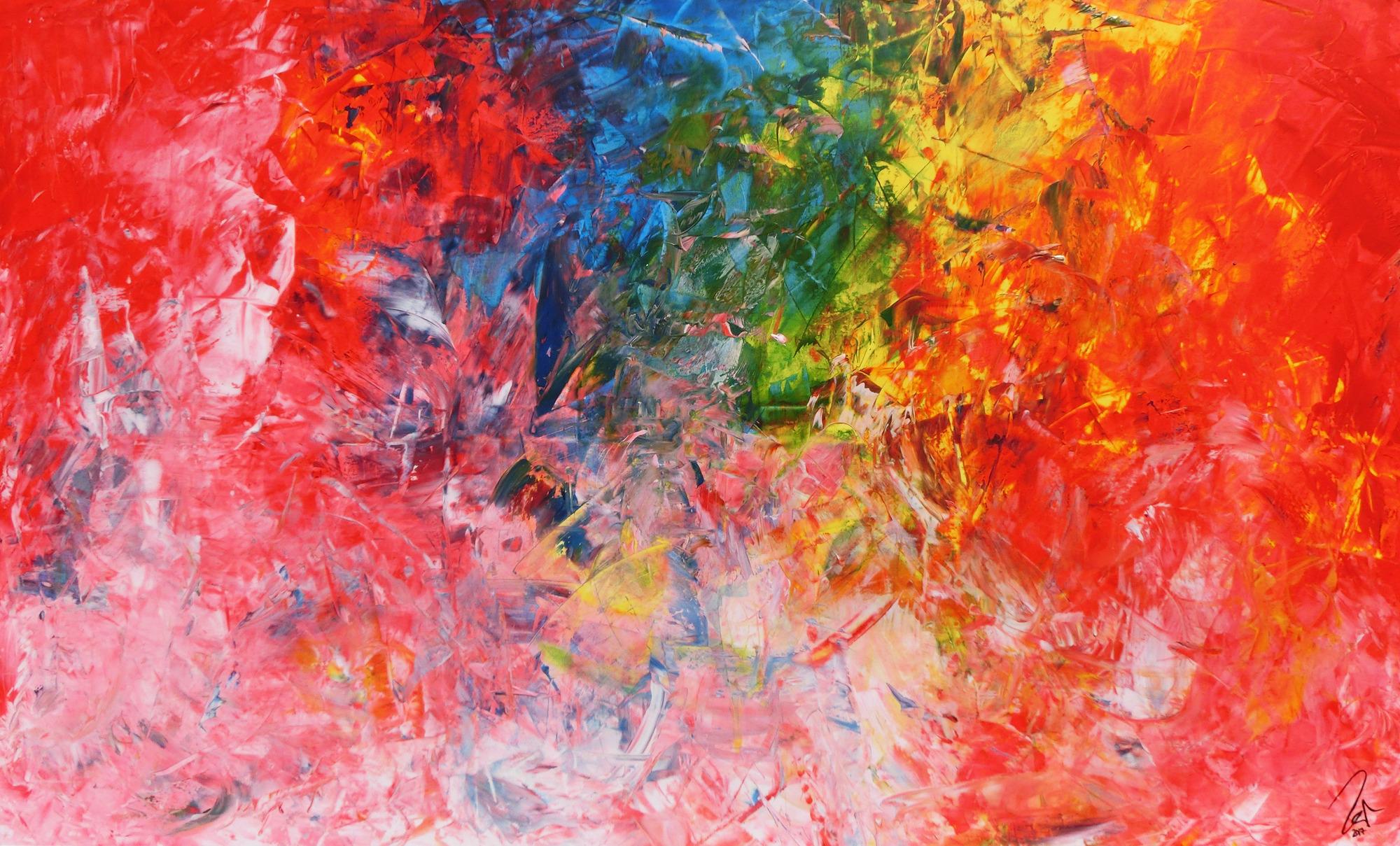 Abstraktes Acrylbild sehr bunt in Spachteltechnik sehr viele helle bunte Farben