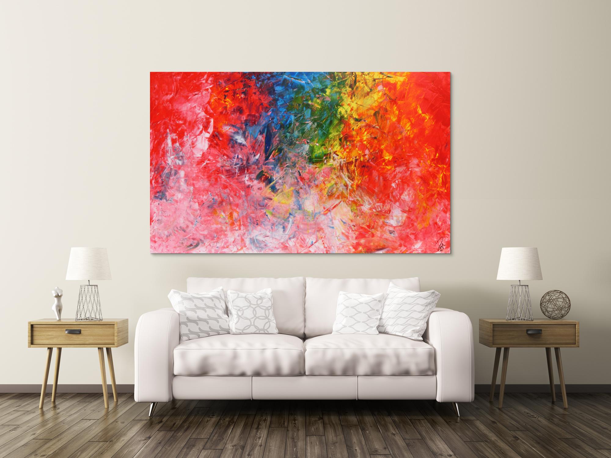 Abstraktes Acrylbild sehr bunt in Spachteltechnik sehr viele helle bunte Farben