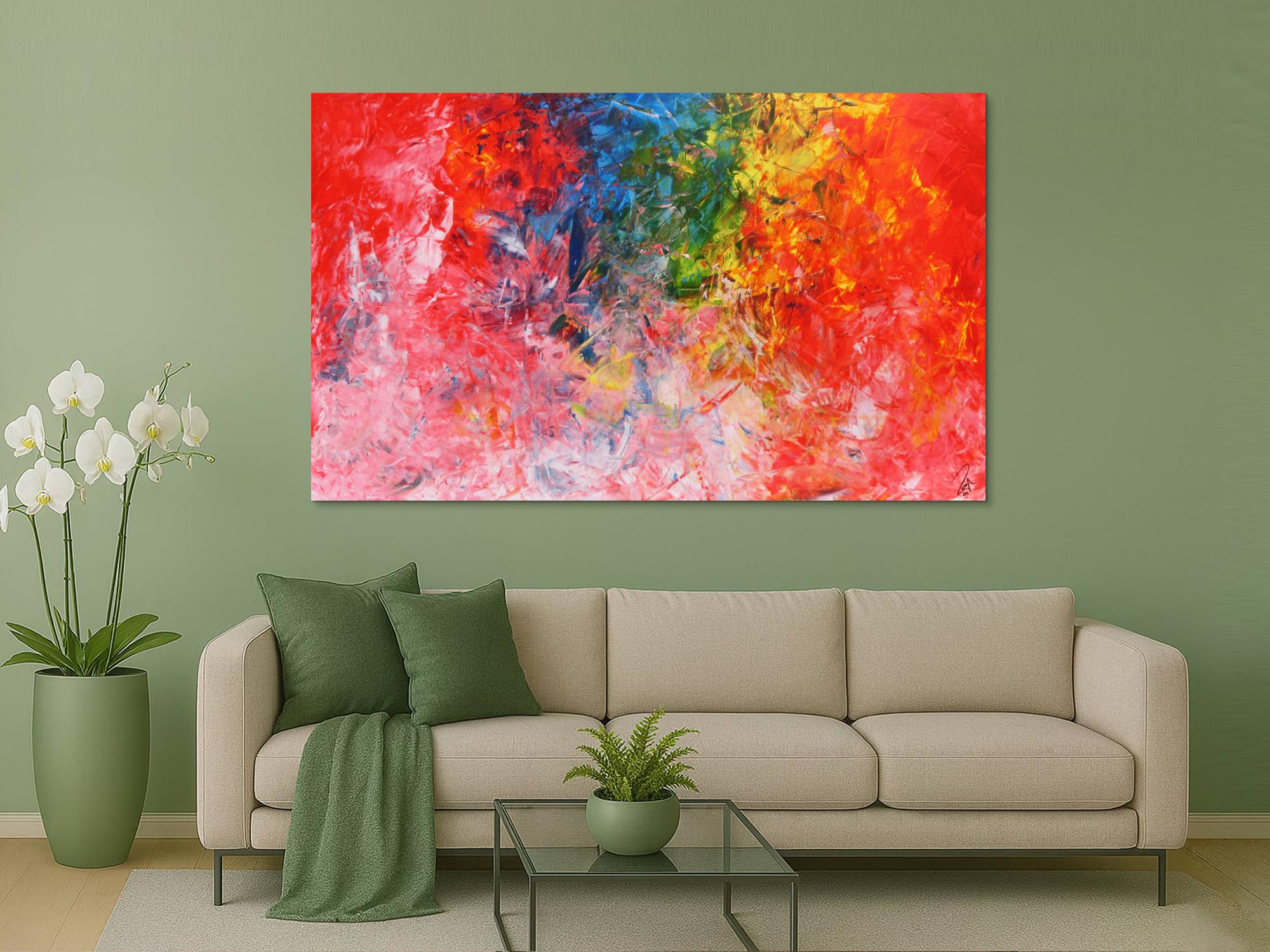 Abstraktes Acrylbild sehr bunt in Spachteltechnik sehr viele helle bunte Farben