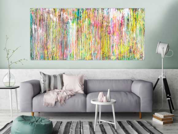 Gemälde Original abstrakt 90x200cm Mischtechnik Modern Art handgefertigt  beige weiß braun hochwertig