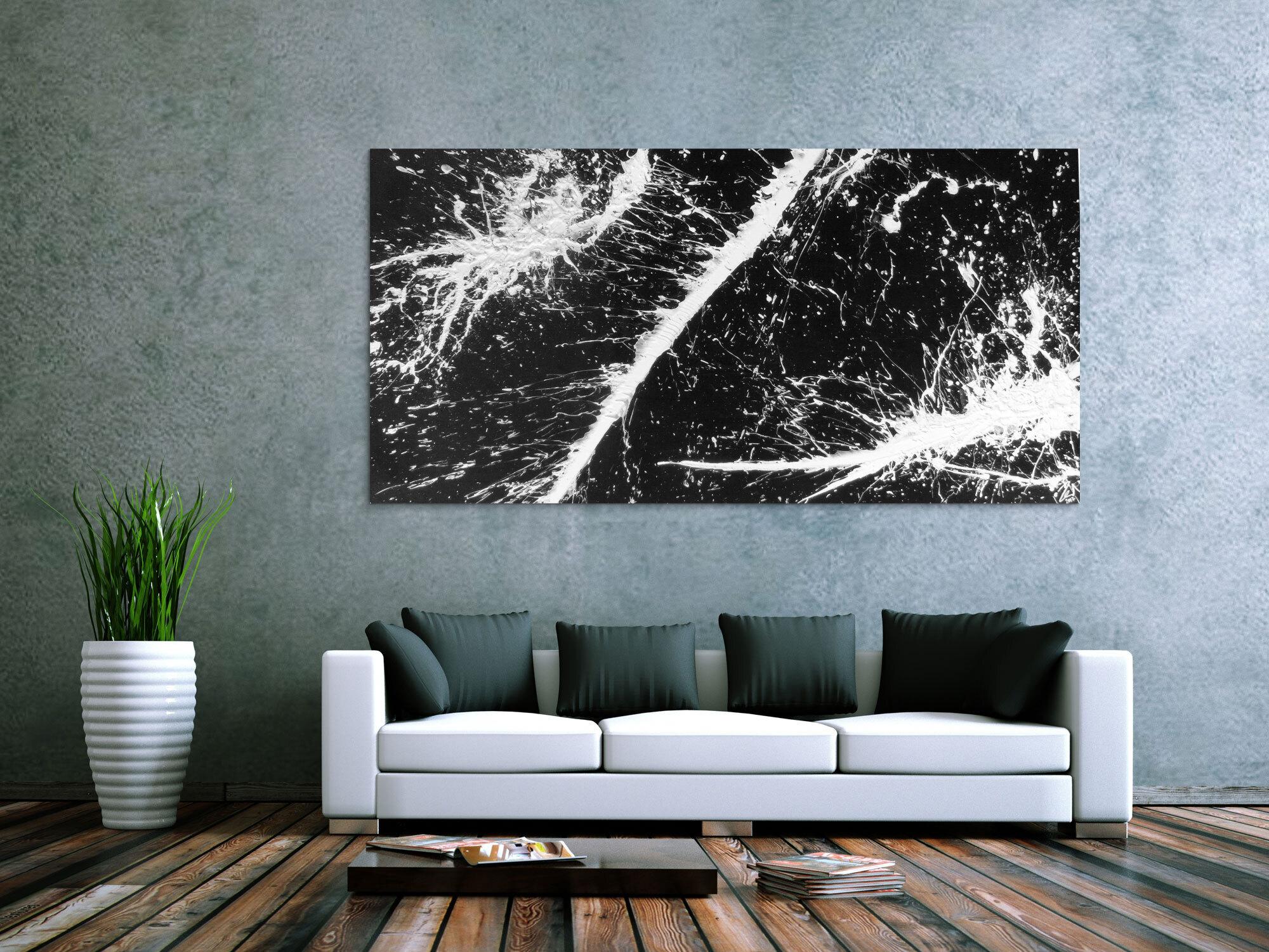 Abstraktes Acrylbild schwarz weiß minimalistisch mit Actionpainting