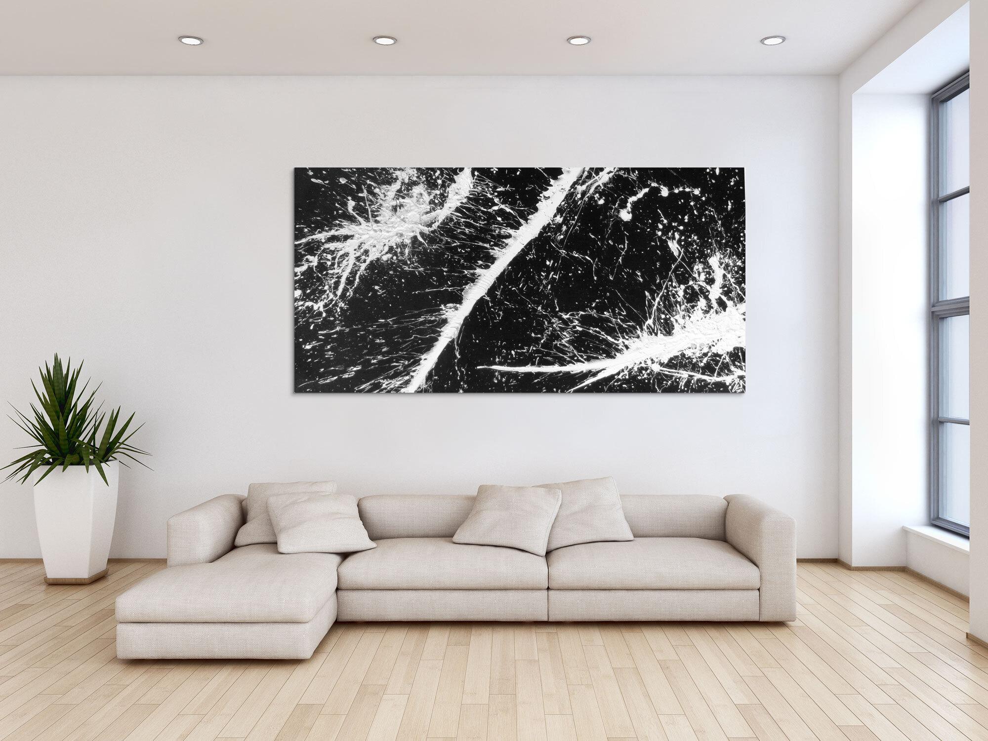 Abstraktes Acrylbild schwarz weiß minimalistisch mit Actionpainting