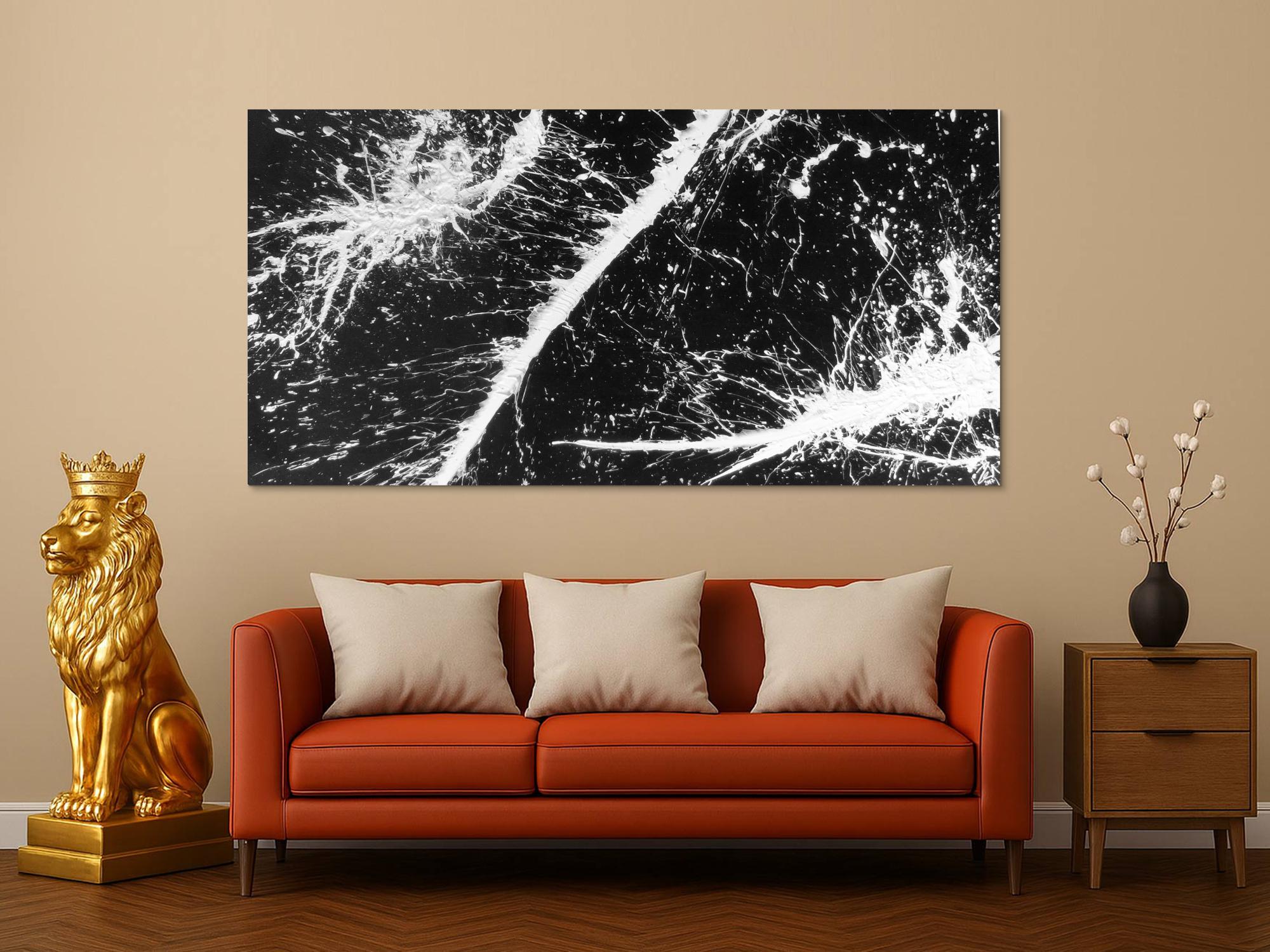 Abstraktes Acrylbild schwarz weiß minimalistisch mit Actionpainting