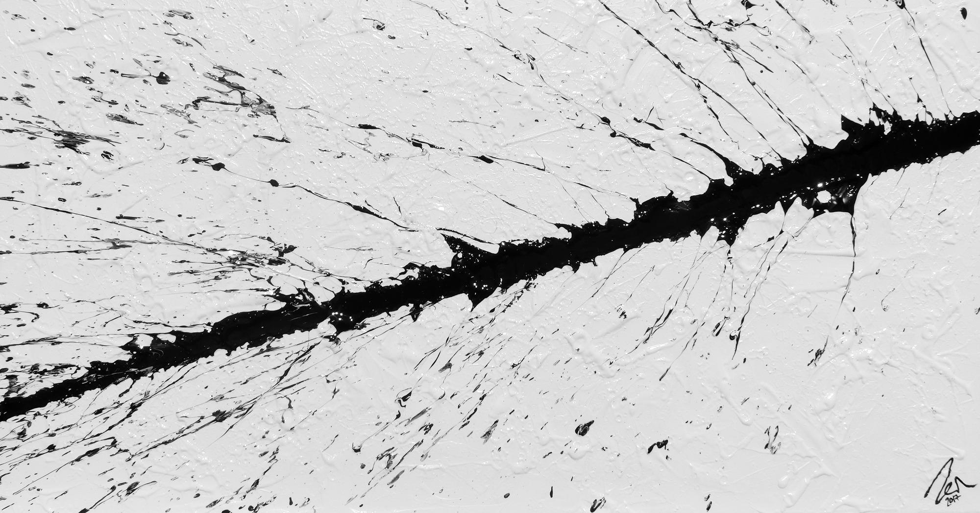 Abstraktes Bild minimalischtisch aus Acryl schwarz weiß warzer Strich Actionpainting