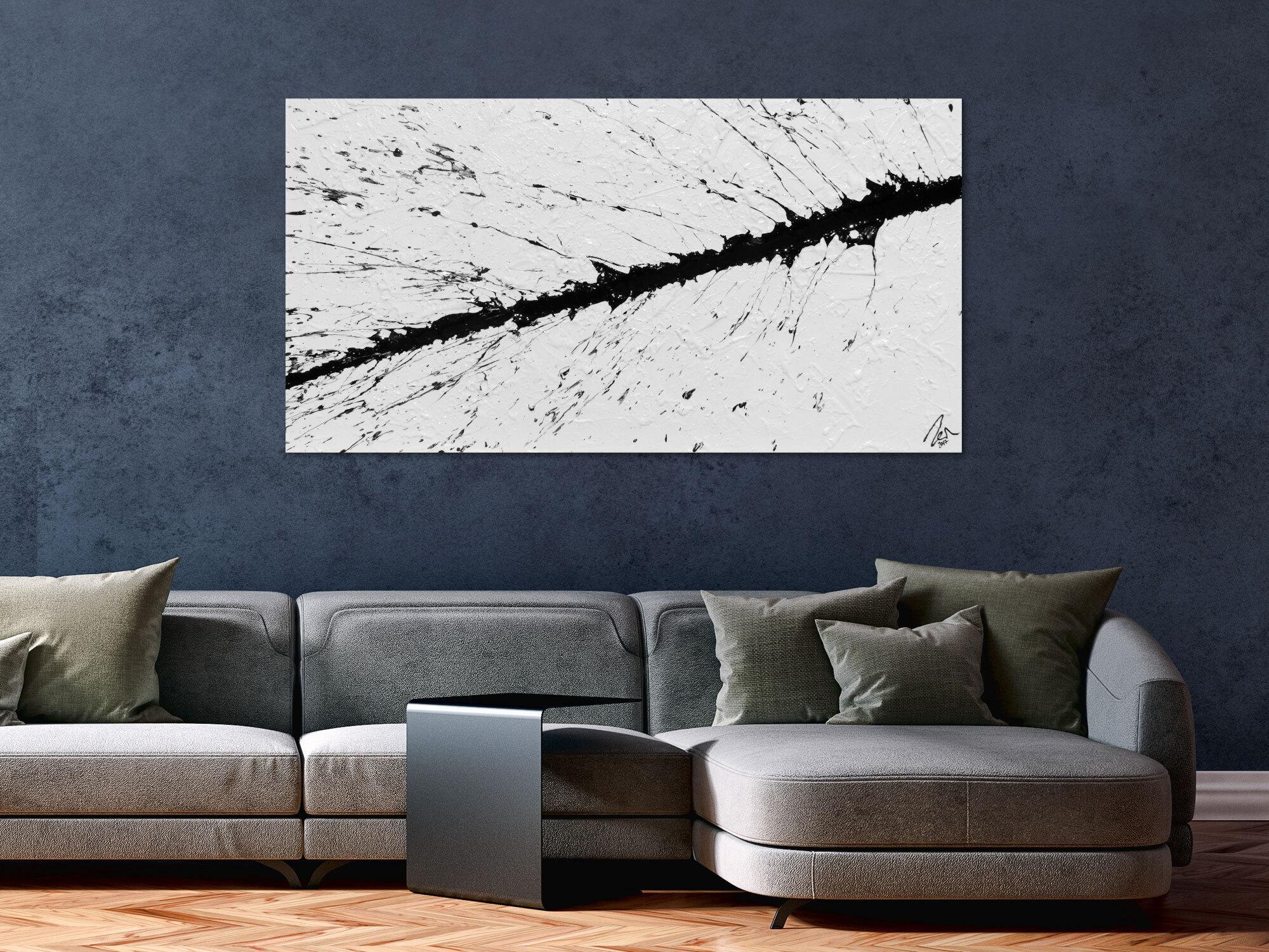 Abstraktes Bild minimalischtisch aus Acryl schwarz weiß warzer Strich Actionpainting