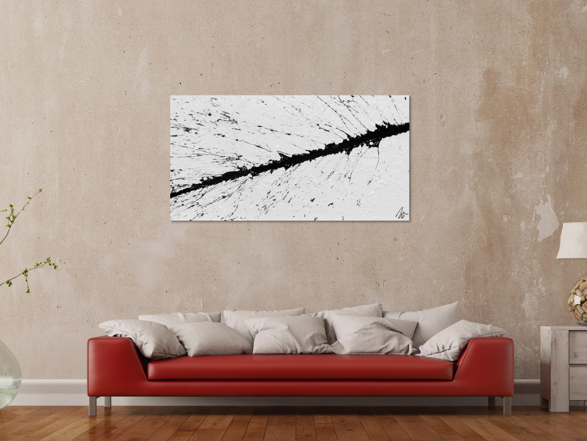 Abstraktes Bild minimalischtisch aus Acryl schwarz weiß warzer Strich Actionpainting