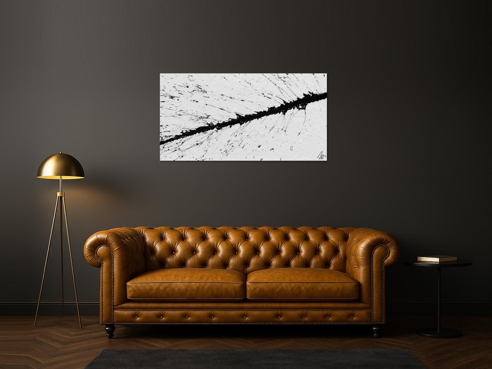 Abstraktes Bild minimalischtisch aus Acryl schwarz weiß warzer Strich Actionpainting