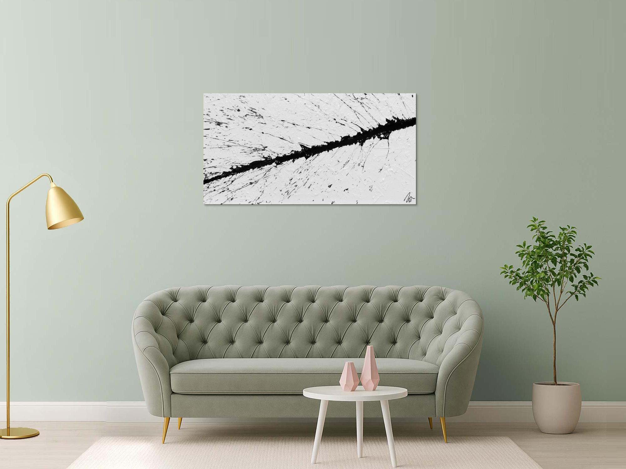 Abstraktes Bild minimalischtisch aus Acryl schwarz weiß warzer Strich Actionpainting