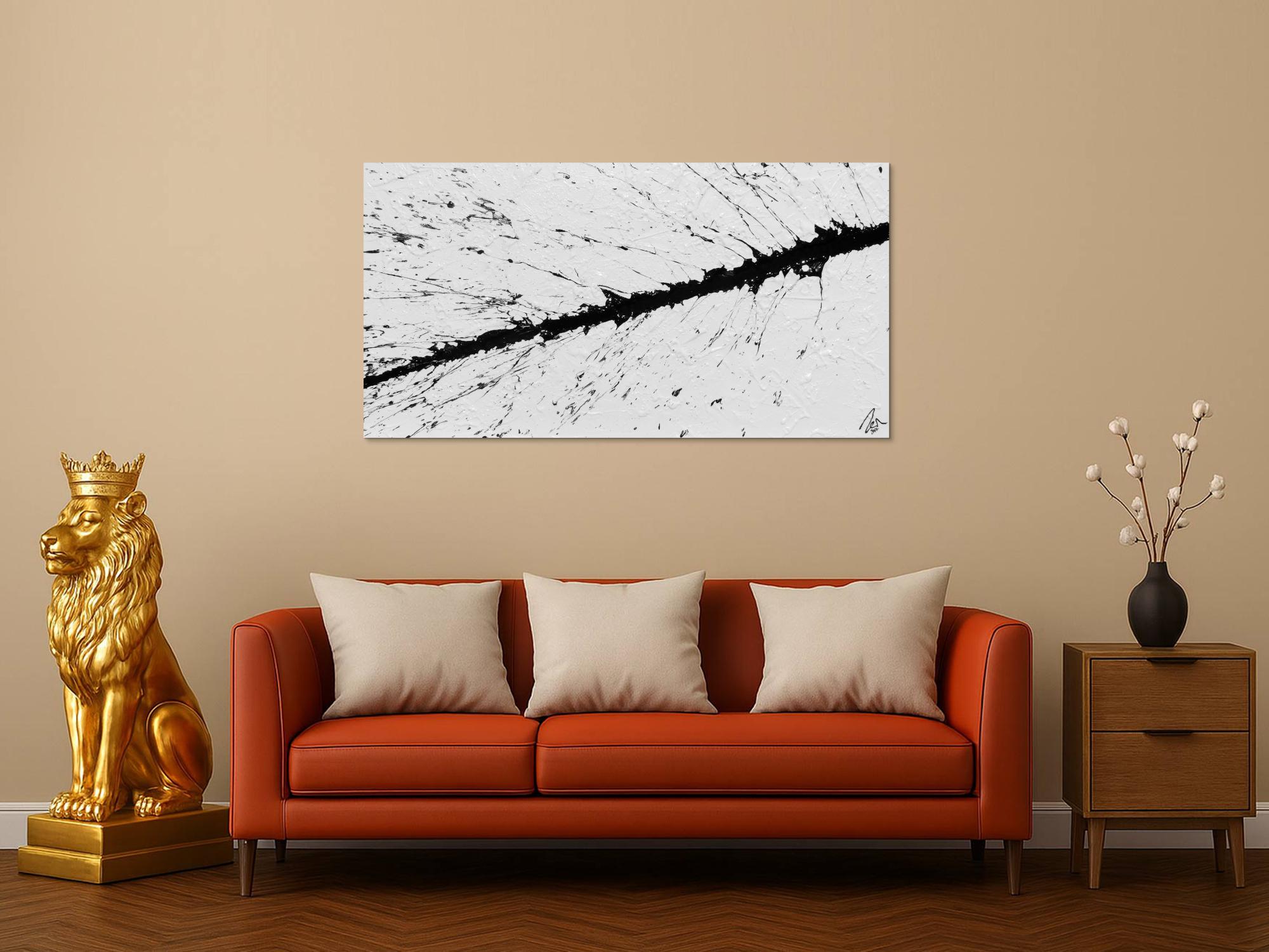 Abstraktes Bild minimalischtisch aus Acryl schwarz weiß warzer Strich Actionpainting