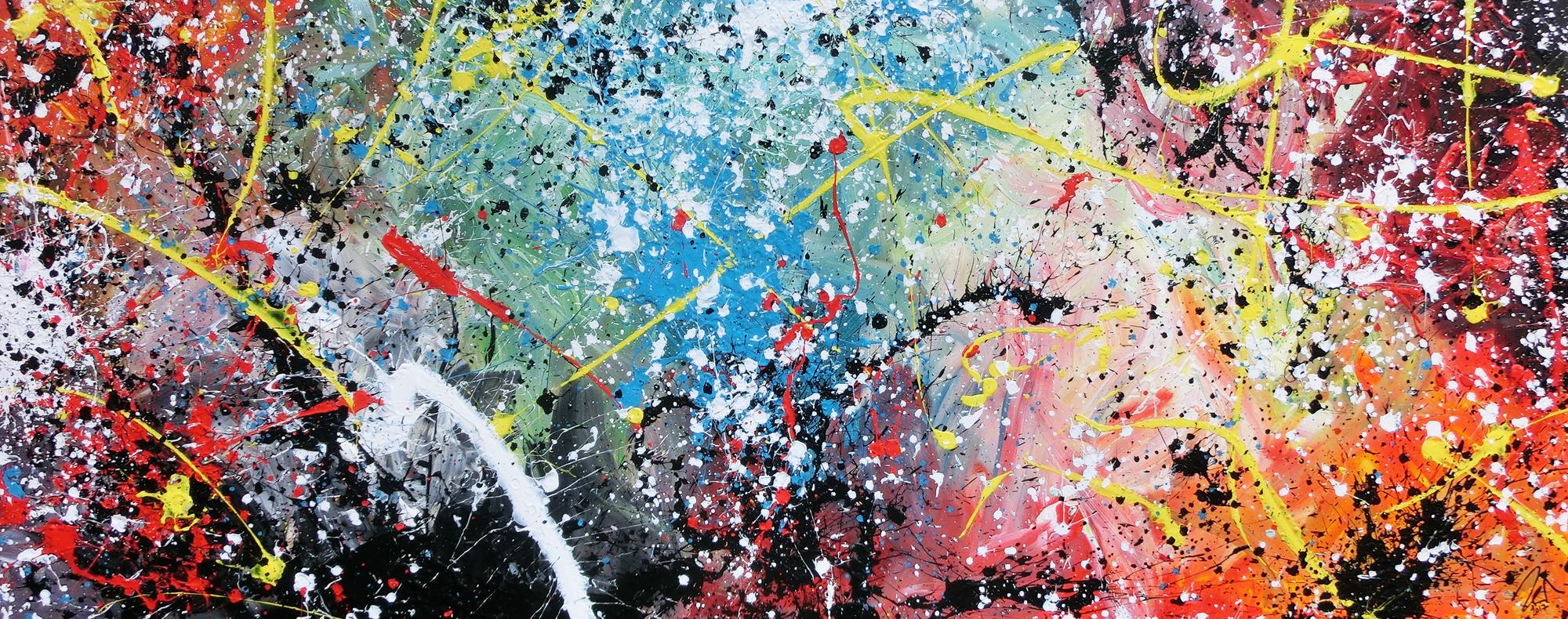 Abstraktes Bild Action Painting mit Acrylfarben sehr bunt