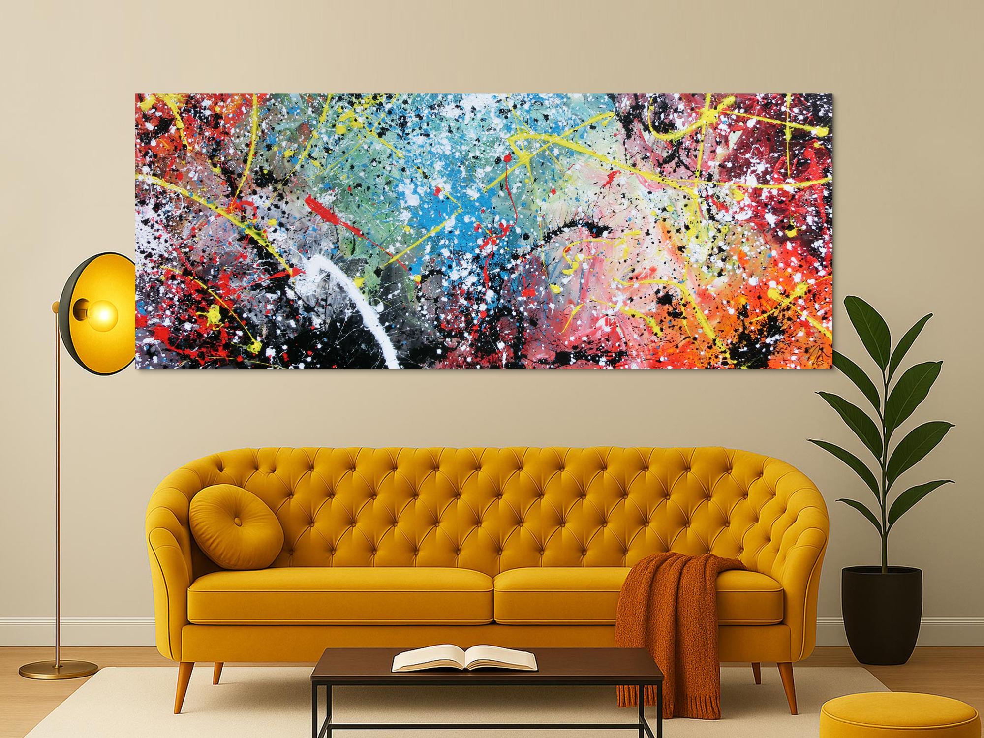 Abstraktes Bild Action Painting mit Acrylfarben sehr bunt